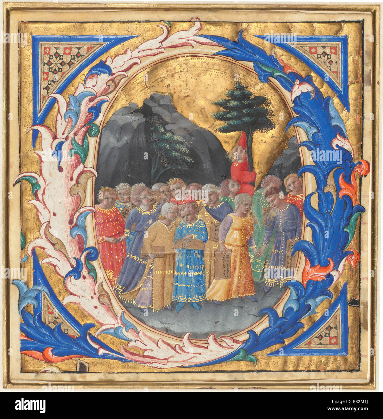 Q initiale avec un cortège d'enfants. En date du : ch. Années 1430. Dimensions : hors tout : 22,4 x 21,8 cm (8 13/16 x 8 9/16 in.). Médium : tempera et feuille d'or sur parchemin. Musée : National Gallery of Art, Washington DC. Auteur : ZANOBI Strozzi. Banque D'Images