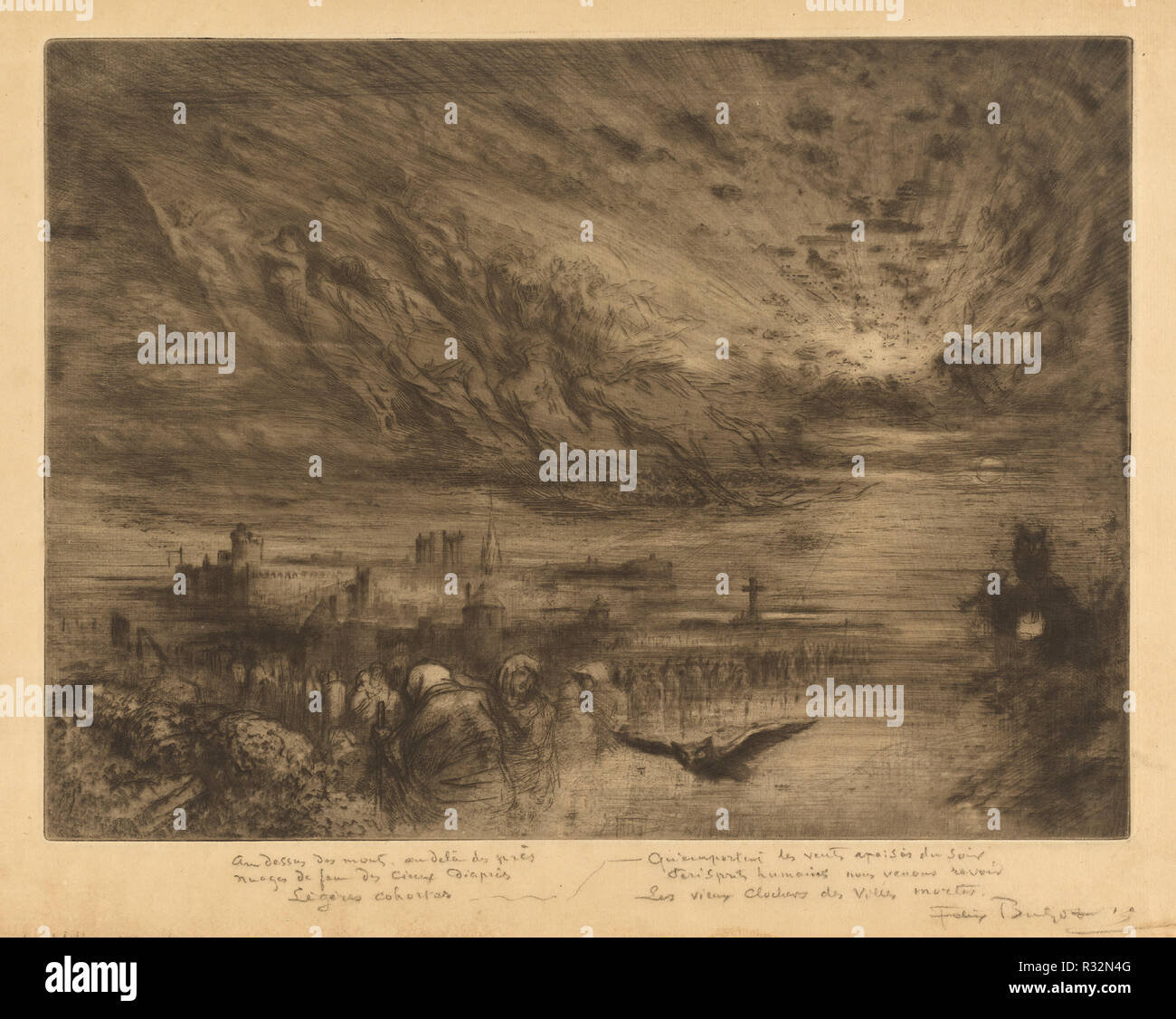 Les esprits des Villes Mortes (esprits des villes des morts). En date du : 1885. Dimensions : 28,8 x 39 image : cm (11 3/8 x 15 5/16 in.) plaque : 29,2 x 39,1 cm (11 1/2 x 15 3/8 in.) : 36,9 x 54,7 Fiche cm (14 1/2 x 21 9/16 in.). Technique : eau-forte, pointe sèche, roulette, ascenseur, sol, l'aquatinte, le grattage et le lustrage sur papier vergé. Musée : National Gallery of Art, Washington DC. Auteur : Félix-Hilaire Buhot. Banque D'Images