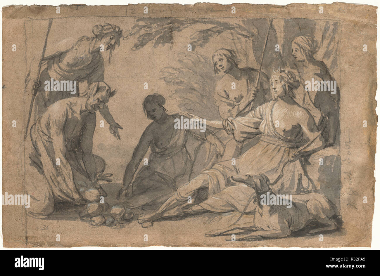 Diana et quatre nymphes cadeaux offerts par un satyre. En date du : ch. 1630. Fiche technique : Dimensions : 25 × 38,2 cm (9 13/16 x 15 1/16 in.). Médium : plume et encre noire sur gris avec craie noire, rehaussée de gouache blanche, sur papier brun. Musée : National Gallery of Art, Washington DC. Auteur : Gerrit van Honthorst. Banque D'Images