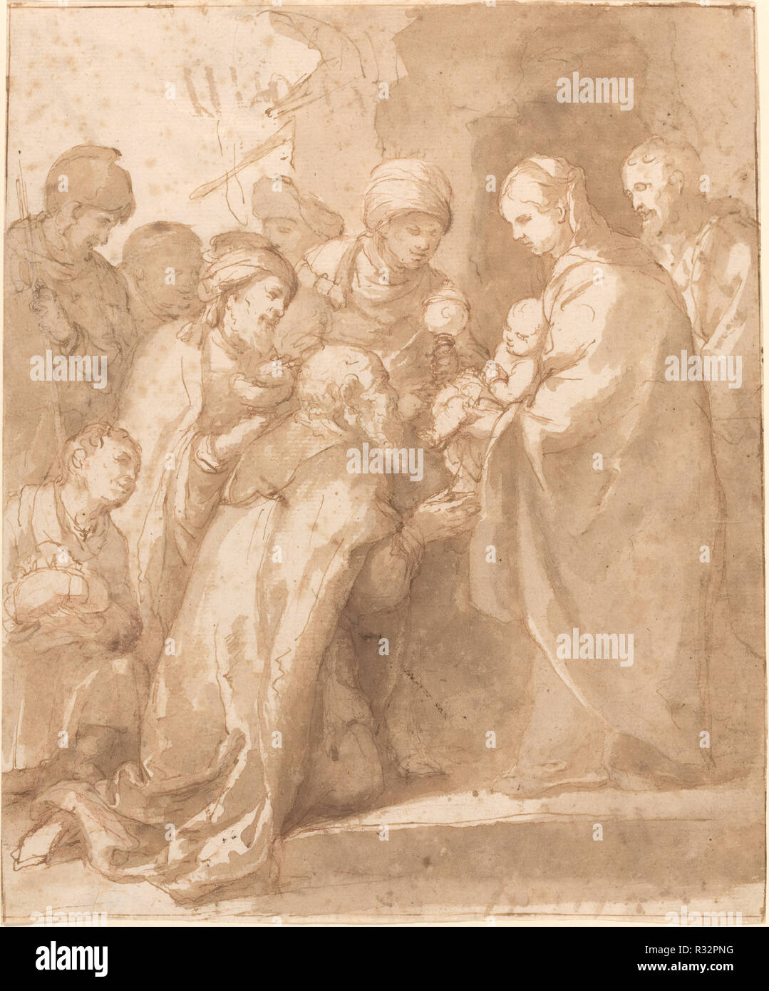 L'Adoration des Mages. En date du : ch. 1650/1656. Dimensions : hors tout (environ) : 28 x 23,1 cm (9 x 11 1/8 in.). Médium : plume et encre brune avec lavis sur rouge et craie noire sur papier vergé. Musée : National Gallery of Art, Washington DC. Auteur : Bartolomé Esteban Murillo. Banque D'Images L'Adoration des Mages. En date du : ch. 1650/1656. Dimensions : hors tout (environ) : 28 x 23,1 cm (9 x 11 1/8 in.). Médium : plume et encre brune avec lavis sur rouge et craie noire sur papier vergé. Musée : National Gallery of Art, Washington DC. Auteur : Bartolomé Esteban Murillo. Banque D'Images