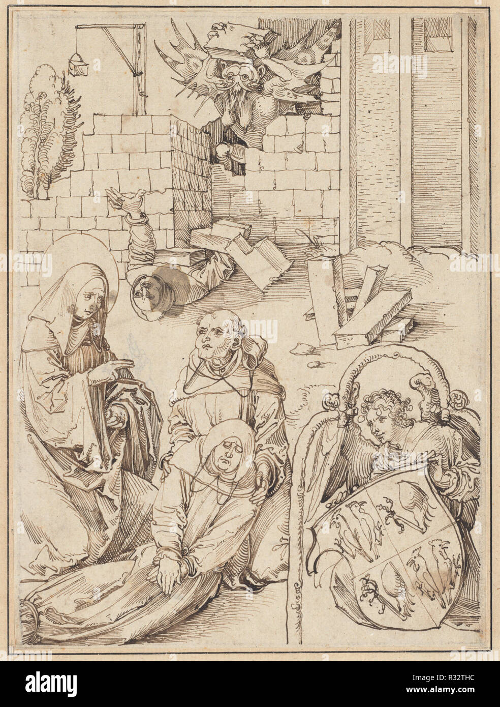 Saint Benoît Relancer un moine tué par le Diable. En date du : ch. 1505. Dimensions : hors tout : 23,3 x 17,1 cm (9 3/16 x 6 3/4 in.). Médium : plume et encre brune avec des lignes de l'ossature graphite sur papier vergé. Musée : National Gallery of Art, Washington DC. Auteur : Hans Schäufelein Leonard. Banque D'Images