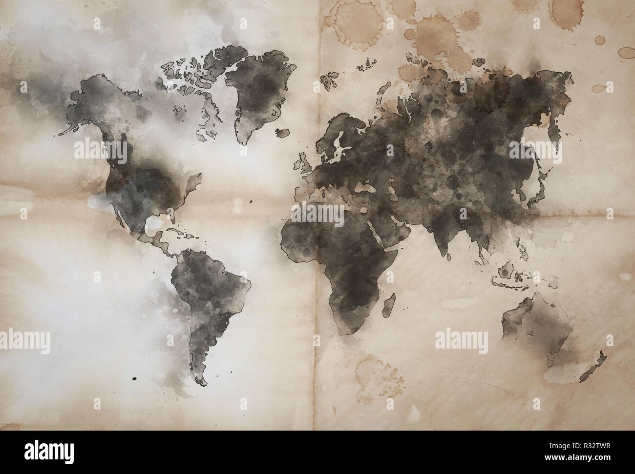 Carte du monde forme sur la texture du papier froissé Vintage Banque D'Images