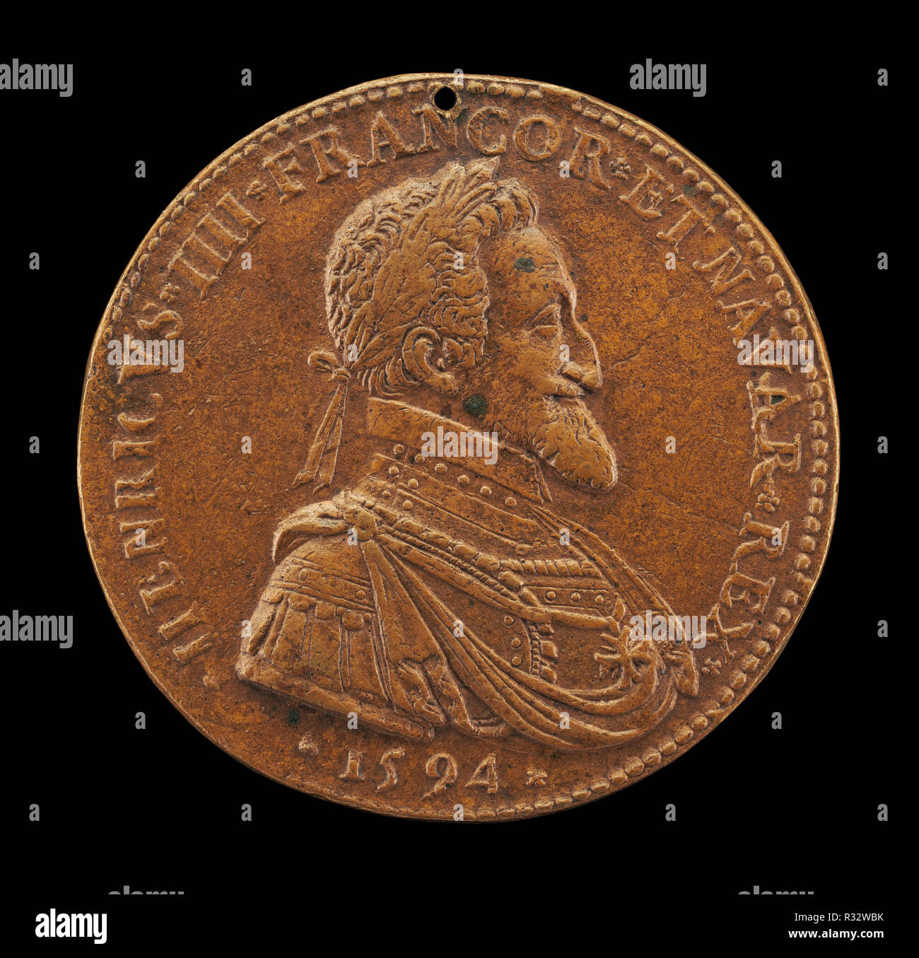 Henri IV, 1553-1610, Roi de France [1589] avers. En date du : 1594. Dimensions : hors tout (diamètre) : 4,8 cm (1 7/8 in.) Poids brut : 39,8 gr (0,04 kg) axe : 12:00. Technique : bronze. Musée : National Gallery of Art, Washington DC. Auteur : Philippe Danfrie II. Banque D'Images