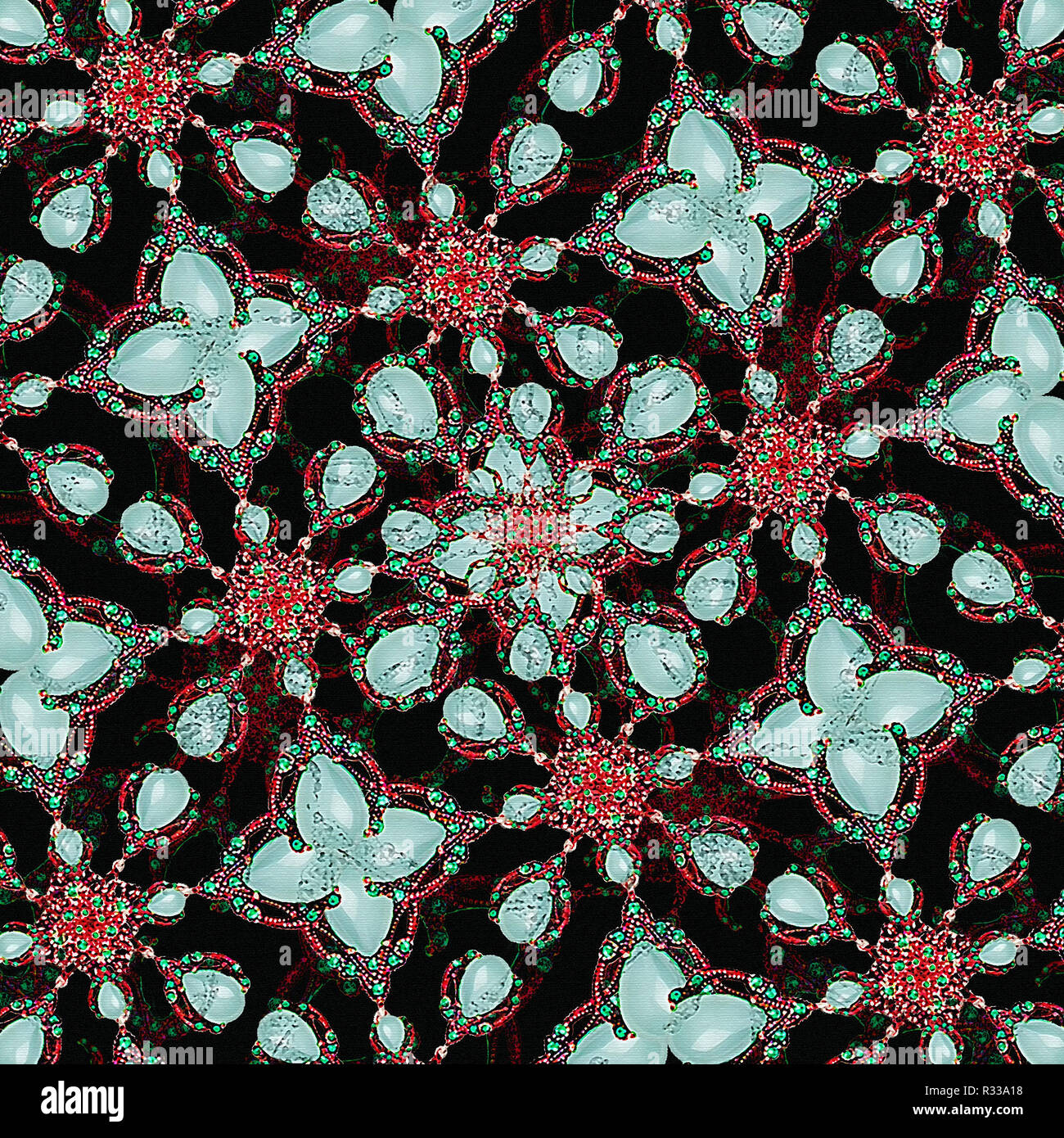 Un pattern numérique avec une fleur décorative motif bijoux en bleu, rouge et noir. Banque D'Images