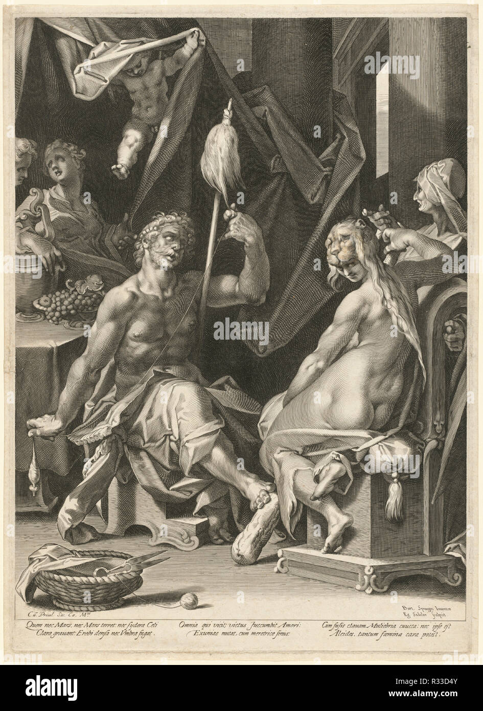 Hercule et Omphale. En date du : ch. 1600. Dimensions : plaque : 44,6 x 32 cm (17 9/16 x 12 5/8 in.) planche : 46,9 x 33,2 cm (18 7/16 x 13 1/16 in.). Technique : gravure sur bois sur papier. Musée : National Gallery of Art, Washington DC. Auteur : Aegidius Sadeler II, après Bartholomaeus Spranger. Après Bartholomeus Spranger. Aegidius Sadeler II. Banque D'Images