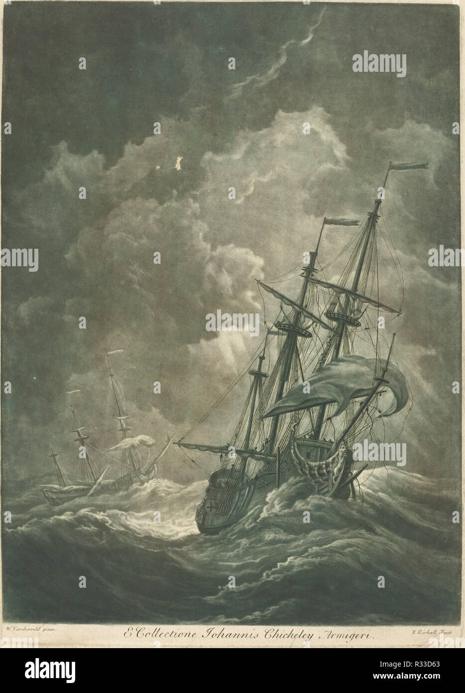 Scène d'expédition de la Collection de John Chicheley. En date du : années 1720. Dimensions : image : 43,5 x 31 cm (17 1/8 x 12 3/16 po.) feuille : 50,8 x 36,5 cm (20 x 14 3/8 in.). Technique : gravure et la gravure imprimée en vert et noir sur papier vergé. Musée : National Gallery of Art, Washington DC. Author : Elisha Kirkall après Willem van de Velde l'ancien. Willem Van de Velde, l'ancien (artiste). Edward Kirkall (Graveur et imprimante). Banque D'Images