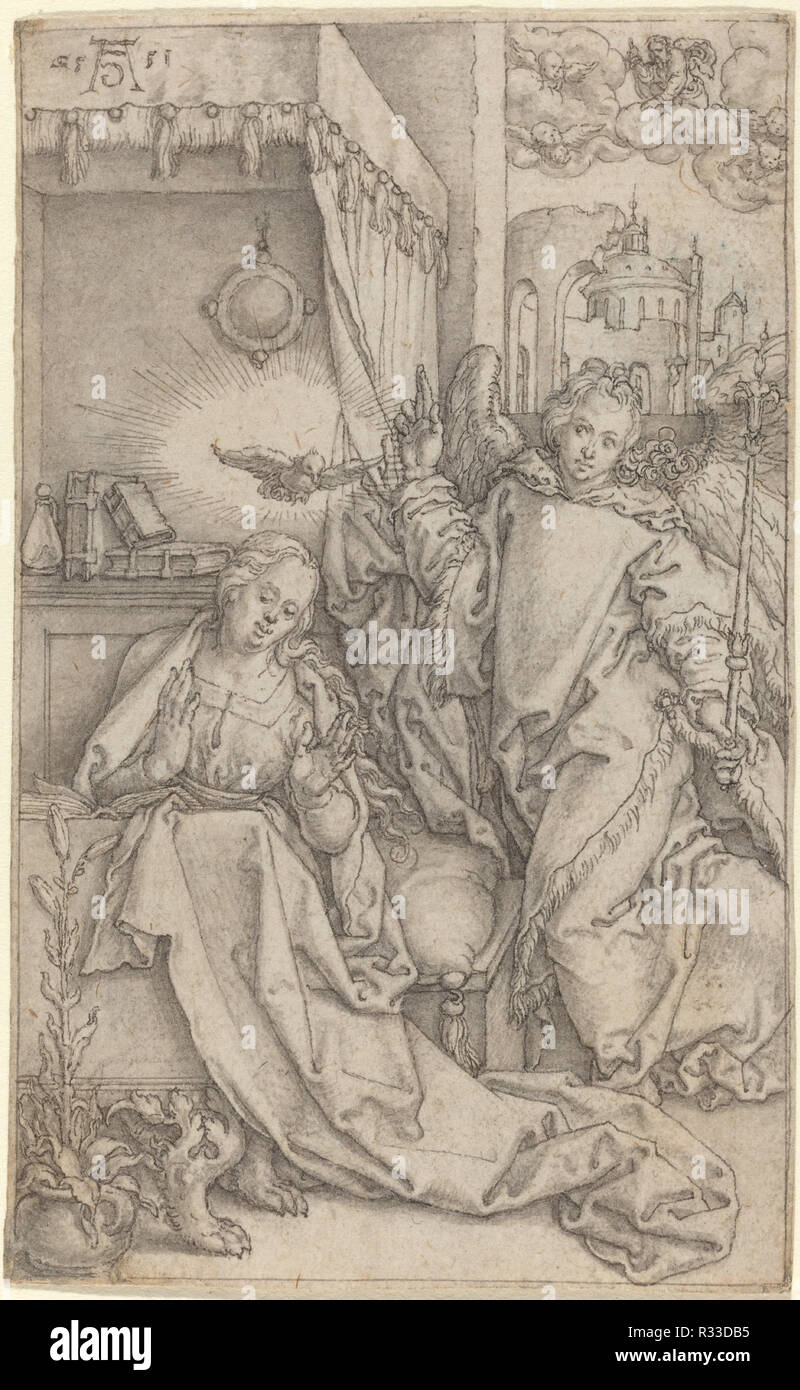 L'Annonciation. En date du : 1552. Dimensions : hors tout : 11,2 x 6,9 cm (4 16/07 x 2 11/16 in.). Médium : plume et encre noir gris avec lavage. Musée : National Gallery of Art, Washington DC. Auteur : Heinrich Aldegrever. Banque D'Images
