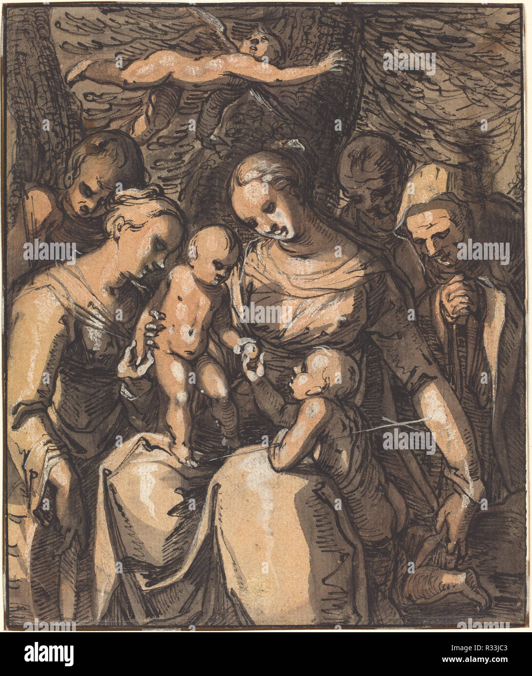 La Sainte Famille avec les Saints [recto]. En date du : ch. 1616/1617. Dimensions : hors tout : 17,4 x 14,5 cm (6 7/8 x 5 2/13 in.). Médium : plume et encre noire et grise, lavis sur craie noire rehaussée de blanc, sur papier préparé rose avec lavage. Musée : National Gallery of Art, Washington DC. Auteur : Hermann Weyer. Banque D'Images