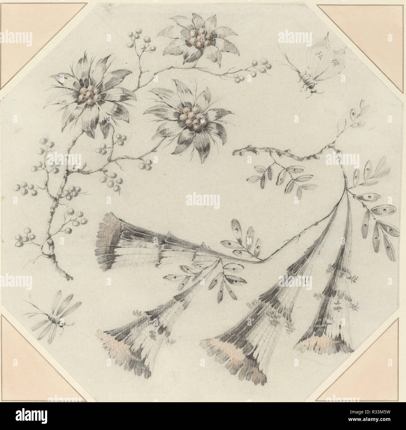 Fleurs trompette et marguerites. Dimensions : hors tout (octagon) : 20,8 x 20,8 cm (8 3/16 x 8 3/16 in.). Médium : noir et craie rouge sur papier vergé. Musée : National Gallery of Art, Washington DC. Auteur : Jean-Baptiste Pillement. Banque D'Images Fleurs trompette et marguerites. Dimensions : hors tout (octagon) : 20,8 x 20,8 cm (8 3/16 x 8 3/16 in.). Médium : noir et craie rouge sur papier vergé. Musée : National Gallery of Art, Washington DC. Auteur : Jean-Baptiste Pillement. Banque D'Images
