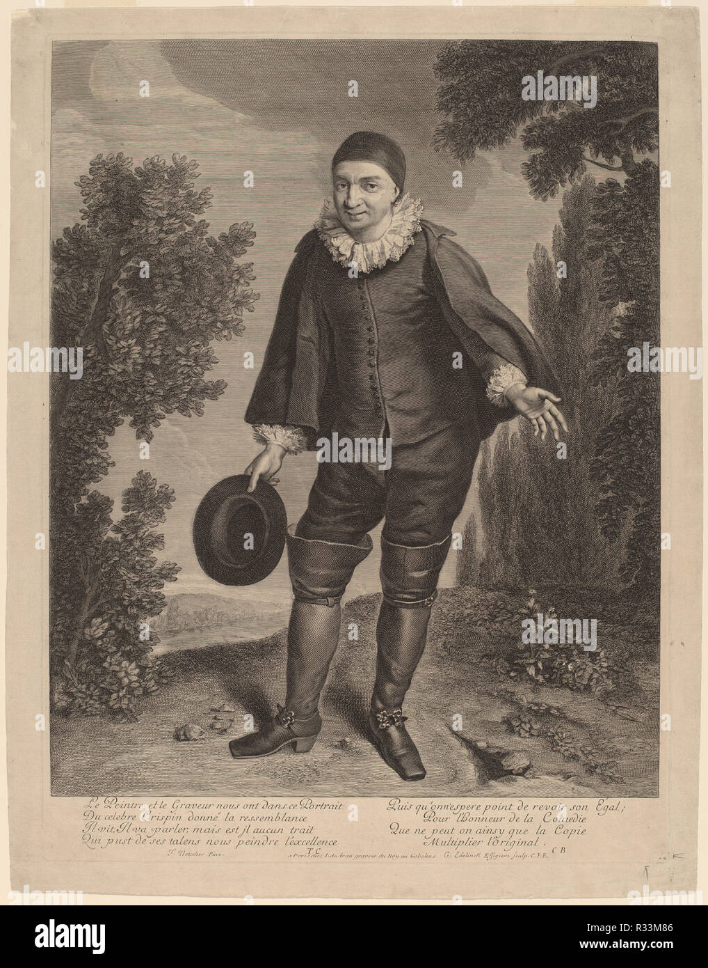 Raimond Poisson comme Crispin. Dimensions : Plateau : 48,2 x 36,5 cm (19 x 14 3/8 in.) : feuille 51,6 x 40,2 cm (20 x 15 5/16 13/16 in.). Technique : gravure sur bois sur papier. Musée : National Gallery of Art, Washington DC. Auteur : Gerard Edelinck après Theodor van. Banque D'Images