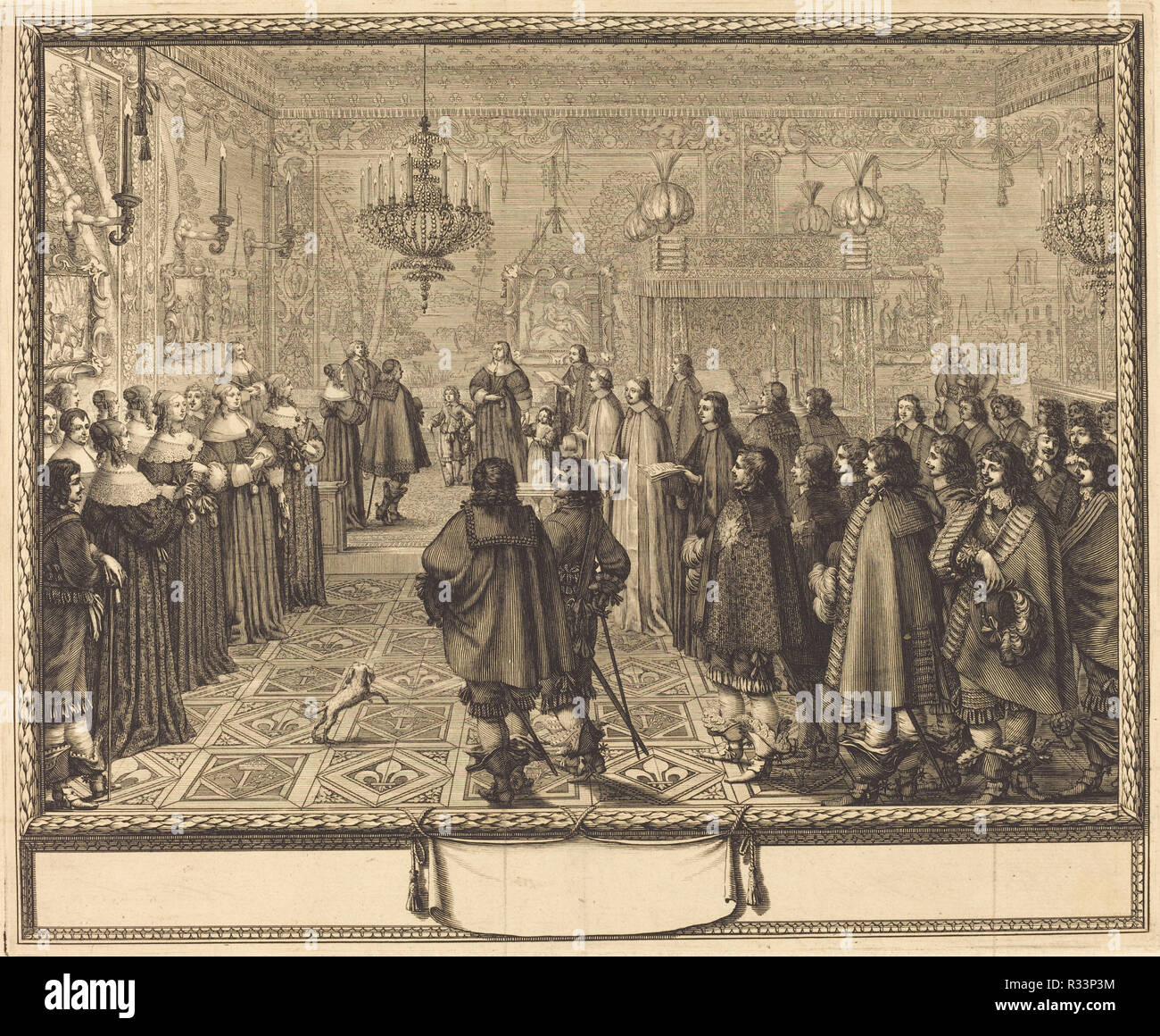 Cérémonie du contrat de mariage entre Vladislas IV, roi de Pologne, et LouiseMarie de 1568, la princesse de Mantoue, à Fontainebleau. En date du : 1645. Technique : gravure. Musée : National Gallery of Art, Washington DC. Auteur : Abraham Bosse. Banque D'Images