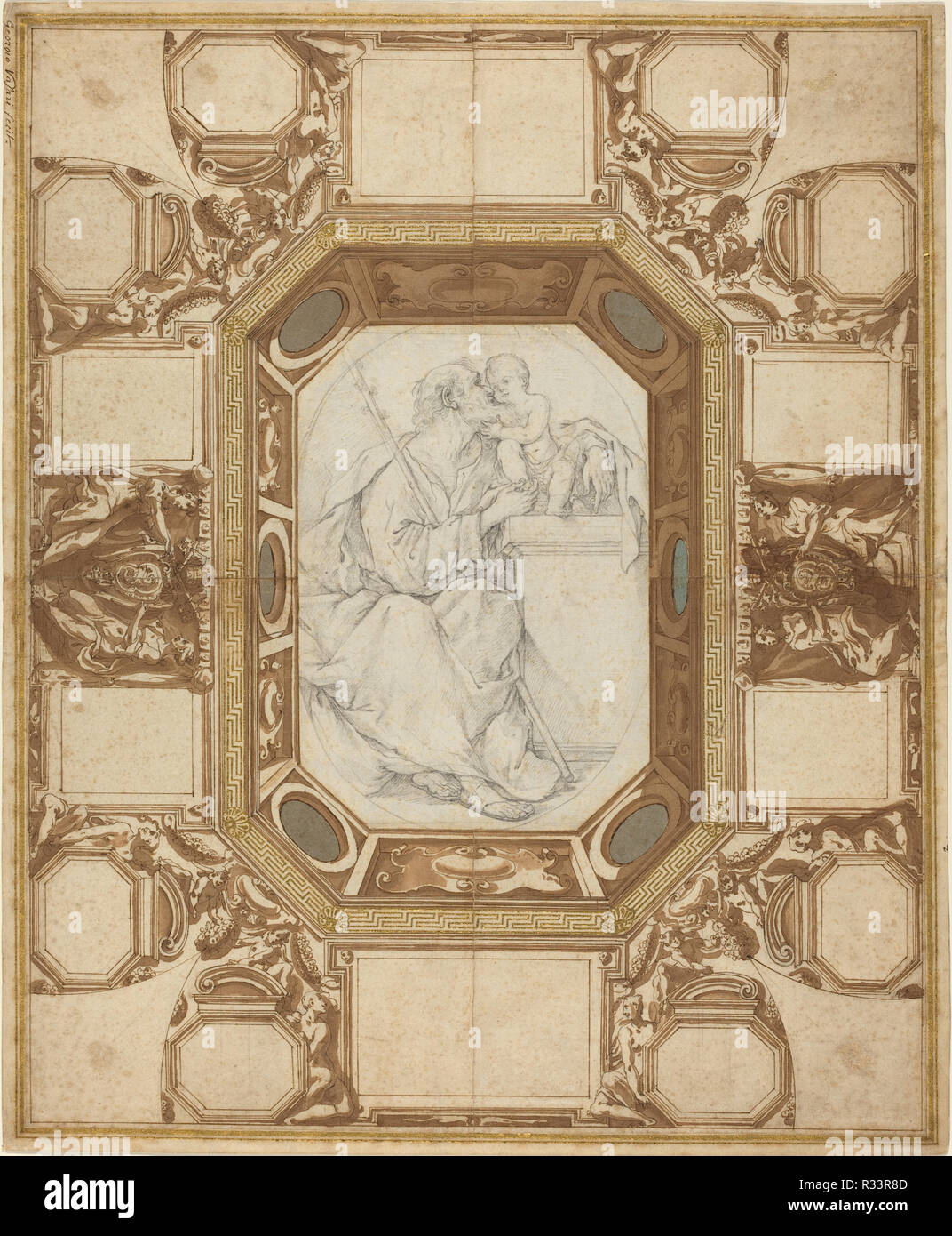 Plafond avec figures allégoriques et les bras du pape Sixte V (Guerra's extra-dimensions) ; Saint Joseph et l'Enfant Jésus (Viani's central dimensions). En date du : dessin extérieur c. 1587 ; le centre de dessin d'après 1690 ; c. les pièces jointes 1700-1725. Dimensions : partie centrale (octagon) : 23,3 x 16,2 cm (9 3/16 x 6 3/8 in.) dans l'ensemble (du plafond) : 51,1 x 41,8 cm (20 1/8 x 16 7/16 po.) mont : 53,3 x 44 cm (21 x 17 5/16 in.). Médium : plume et encre brune avec lavis plus de craie noire sur papier lourd (extérieur) ; dessin graphite sur papier lourd (dessin central) ; frontières la feuille d'or et coupe-papier adher Banque D'Images