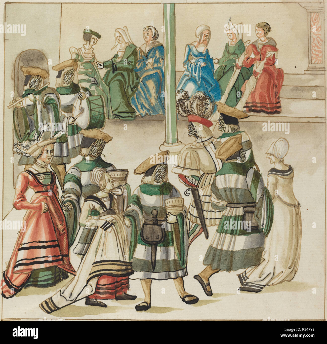 Trois couples de danseurs dirigés par deux chevaliers dans la salle avec la colonne. En date du : ch. 1515. Dimensions : image : 23,3 cm (9 3/16 in.) feuille : 34 x 26,4 cm (13 3/8 x 10 3/8 in.). Médium : plume et encre brune avec l'aquarelle sur papier vergé. Musée : National Gallery of Art, Washington DC. Auteur : GERMAN 16e siècle. Banque D'Images