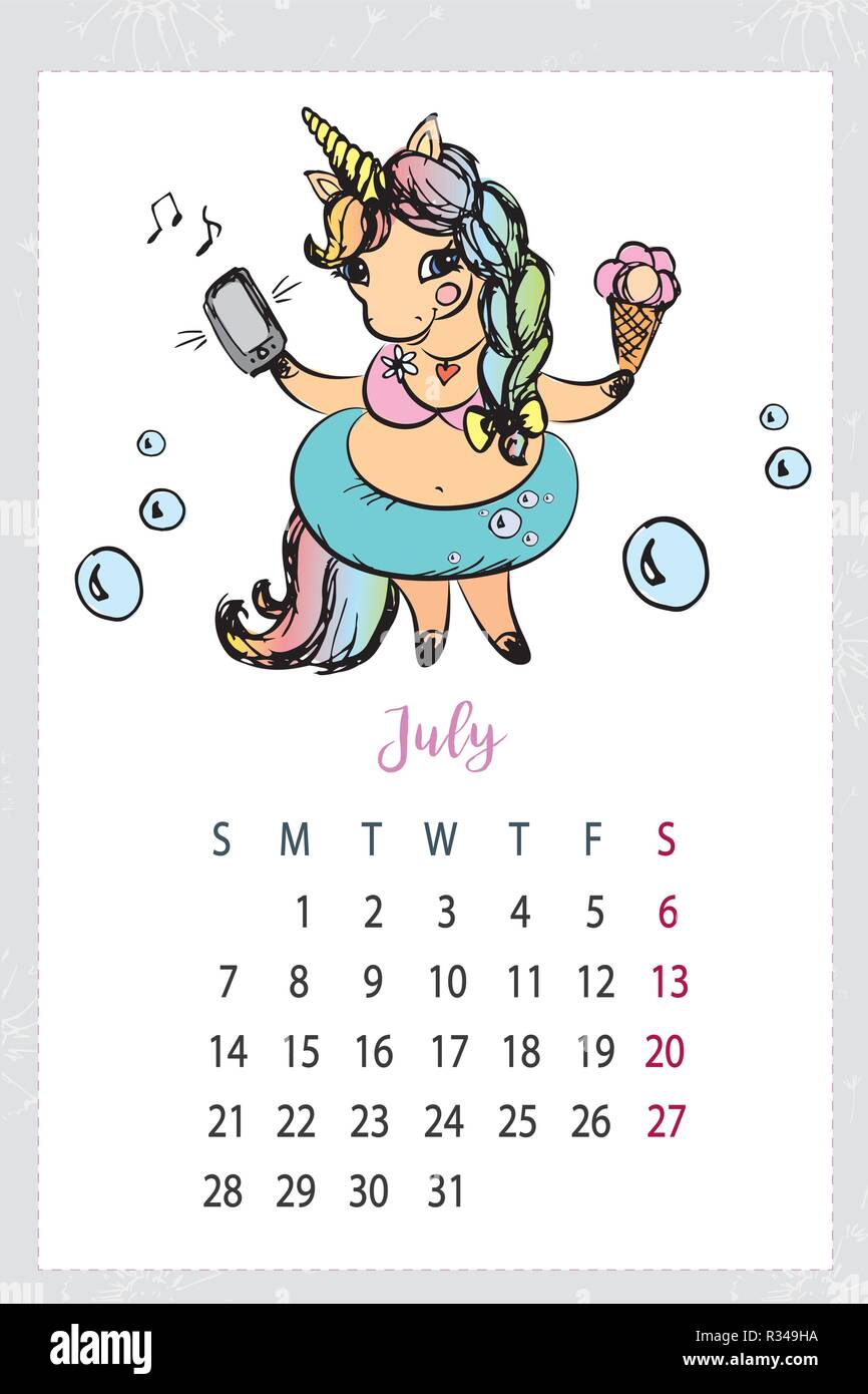 Calendrier 2019 avec mignon,licorne cheval magique dessiné à la main Illustration de Vecteur