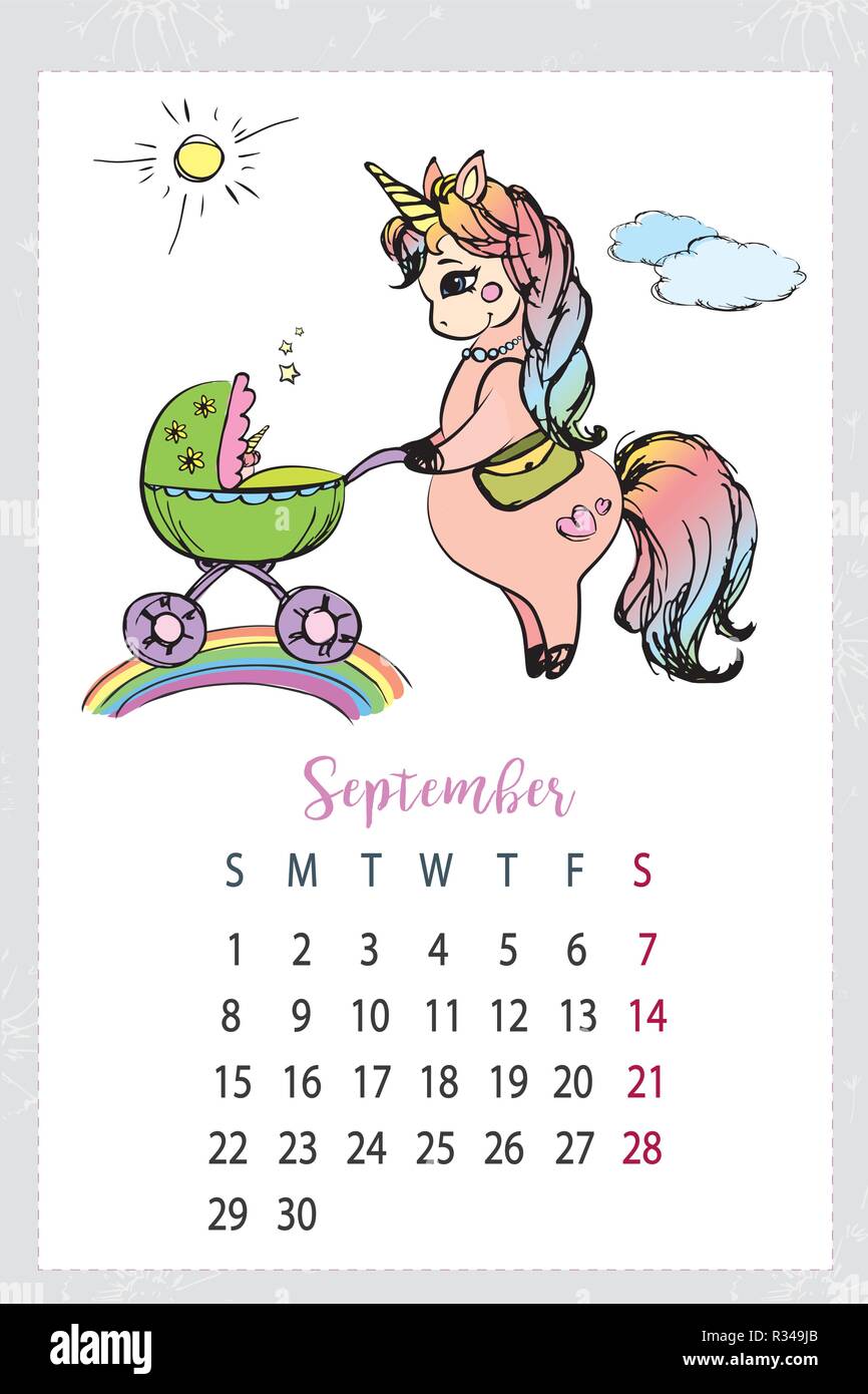 Calendrier 2019 avec mignon,licorne cheval magique dessiné à la main Illustration de Vecteur