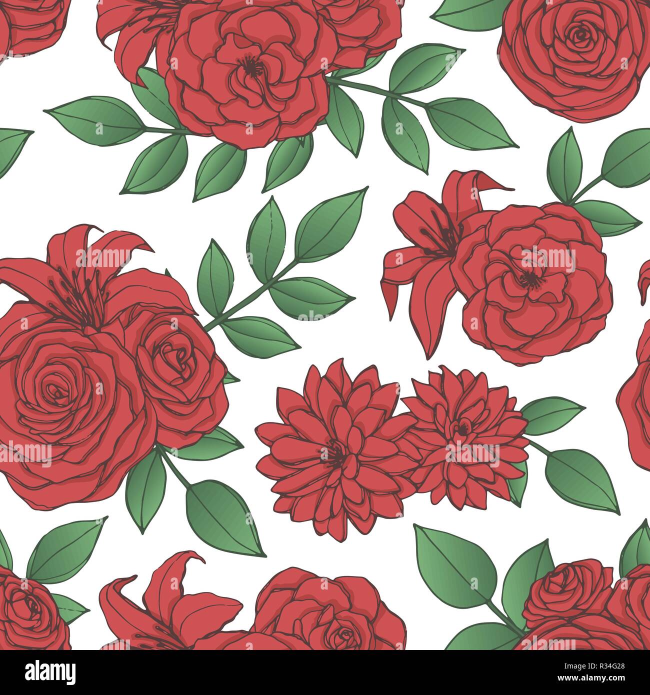 Schéma de répétition de scénario avec red lily, chrysanthème, Camellia, pivoine et rose fleurs et feuilles sur fond blanc. Ornement florale de bloss Illustration de Vecteur