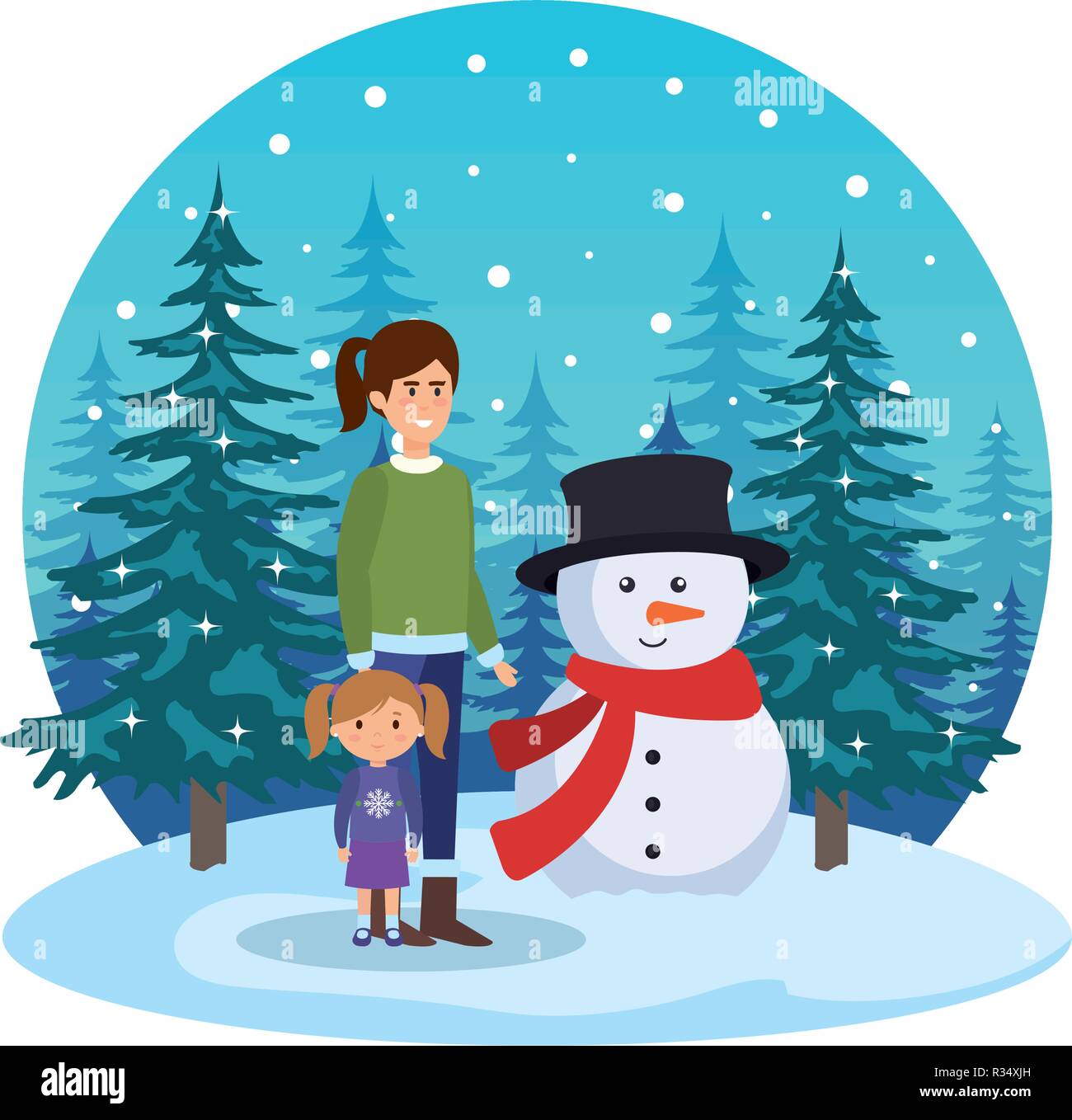 Mère et fille avec bonhomme dans snowscape vector illustration Illustration de Vecteur