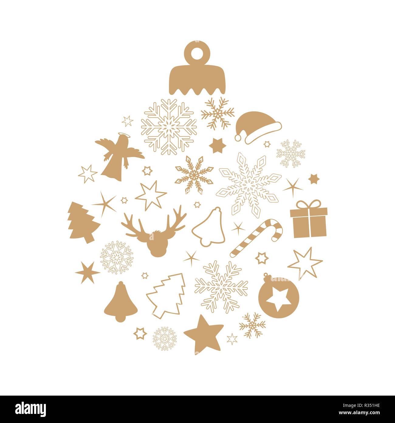 Boule de Noël avec différents symboles flocon renne sapin cadeau star Candy Cane angel bell isolé sur fond blanc Illustration de Vecteur