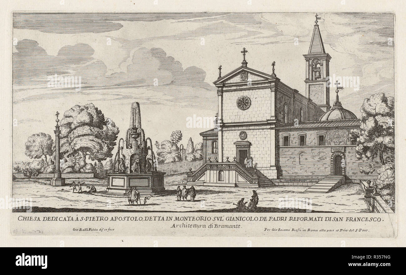 Chiesa dedicata à S. Pietro Apostolo (église de San Pietro in Montorio). En date du : ch. 1669. Dimensions : 16,9 × 28,8 plaque : cm (6 × 11 5/8 5/16 in.) : feuille 29,1 × 43,3 cm (11 × 17 7/16 1/16 in.). Technique : gravure sur bois sur papier. Musée : National Gallery of Art, Washington DC. Auteur : Giovanni Battista FALDA. Banque D'Images