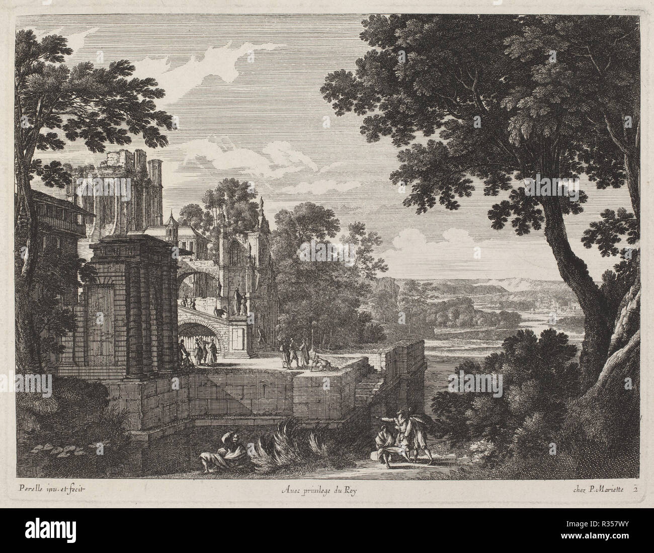 Paysage avec grande abbaye ruinée. Technique : gravure sur bois sur papier. Musée : National Gallery of Art, Washington DC. Auteur : Gabriel Perelle. Banque D'Images
