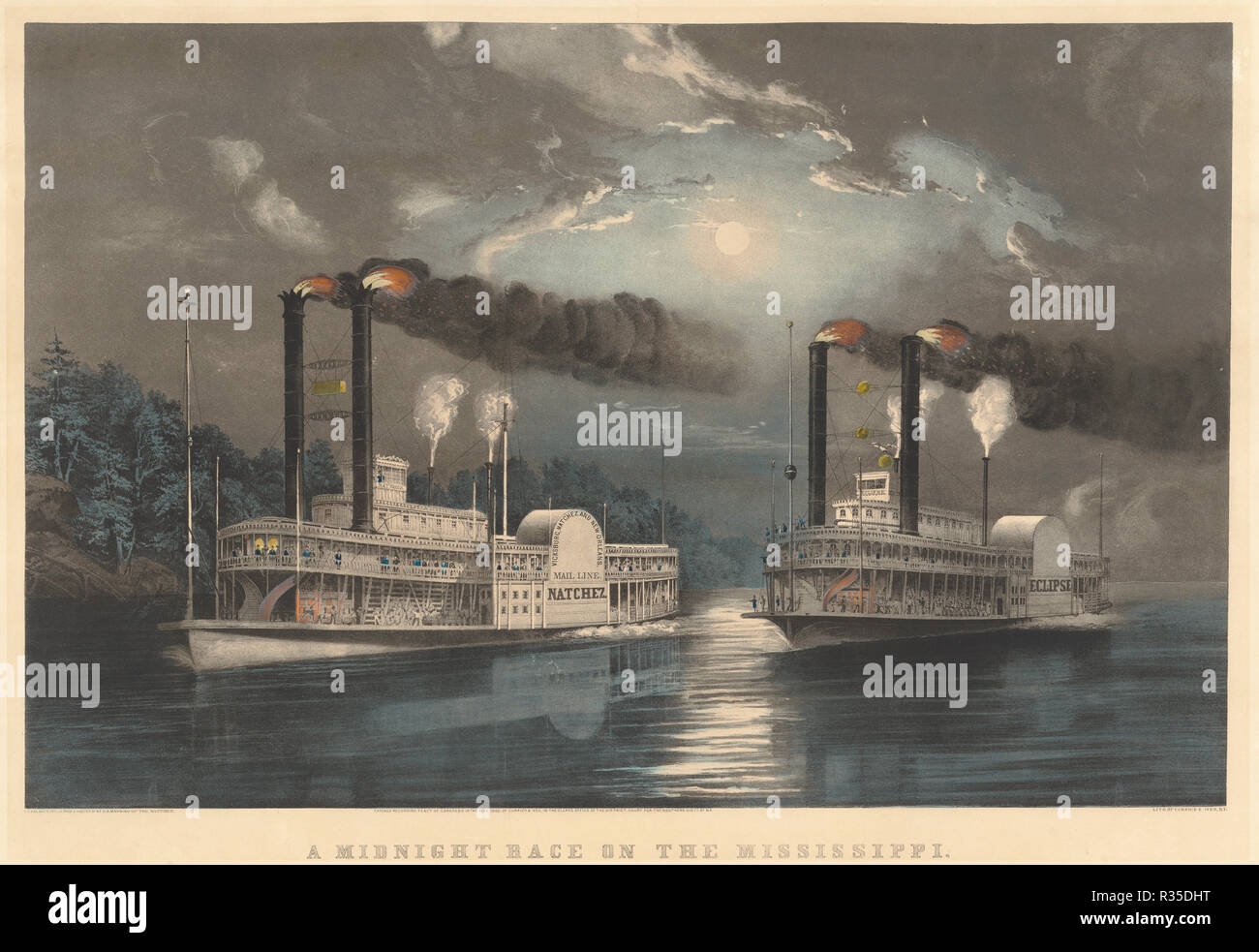 Une course de minuit sur le Mississippi. En date du : 1860. Dimensions : image : 46,04 x 71,12 cm (18 1/8 x 28 in.) feuille : 55,88 x 81,28 cm (22 x 32 in.). Médium : Lithographie à colorier à la main sur papier vélin. Musée : National Gallery of Art, Washington DC. Auteur : Frances Flore Bond Palmer. Banque D'Images Une course de minuit sur le Mississippi. En date du : 1860. Dimensions : image : 46,04 x 71,12 cm (18 1/8 x 28 in.) feuille : 55,88 x 81,28 cm (22 x 32 in.). Médium : Lithographie à colorier à la main sur papier vélin. Musée : National Gallery of Art, Washington DC. Auteur : Frances Flore Bond Palmer. Banque D'Images