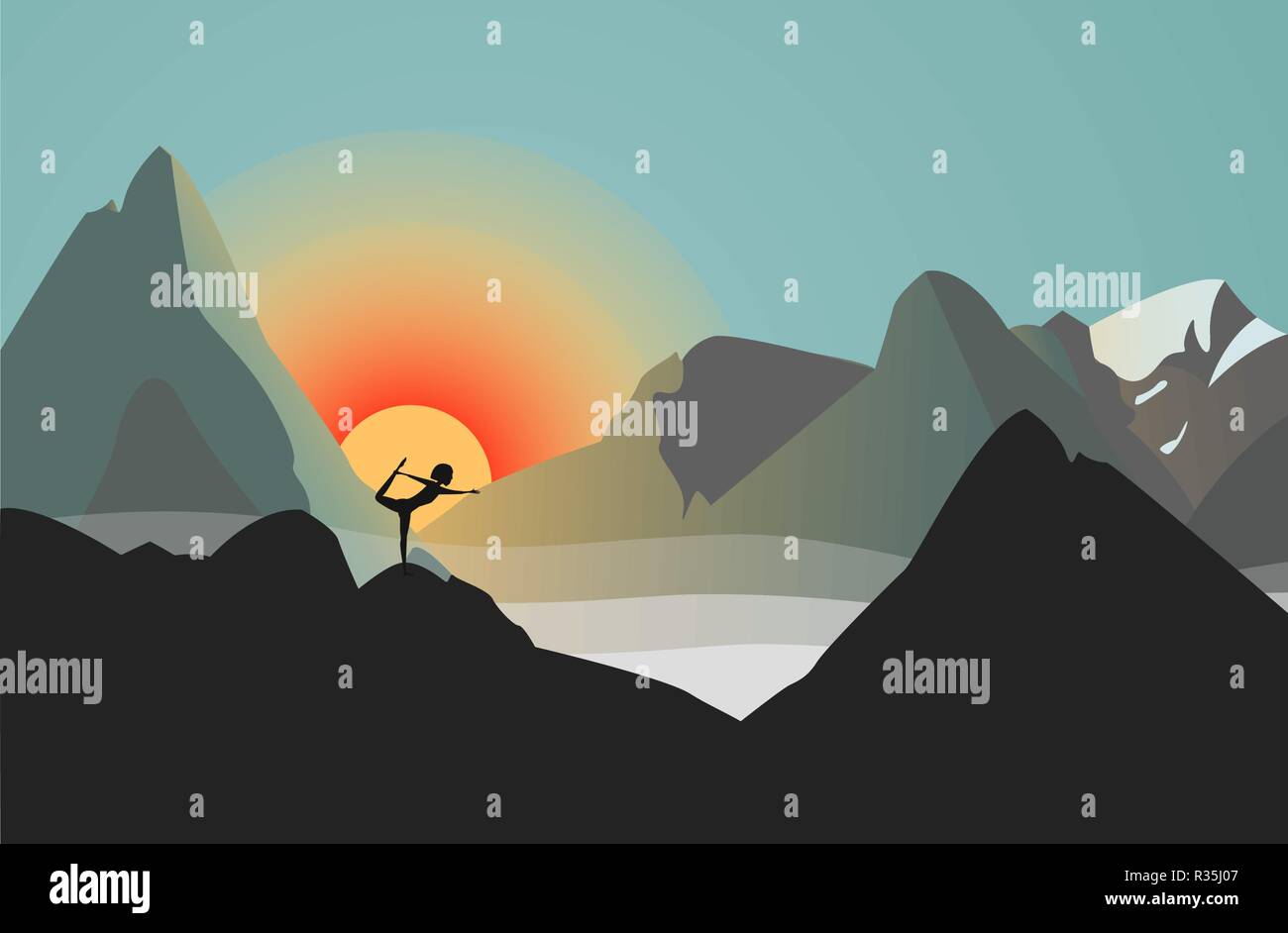 Vector Illustration : Silhouette contre le soleil. Woman Practicing Yoga dans les montagnes. Elle se tient en position de Natarajasana. Illustration de Vecteur