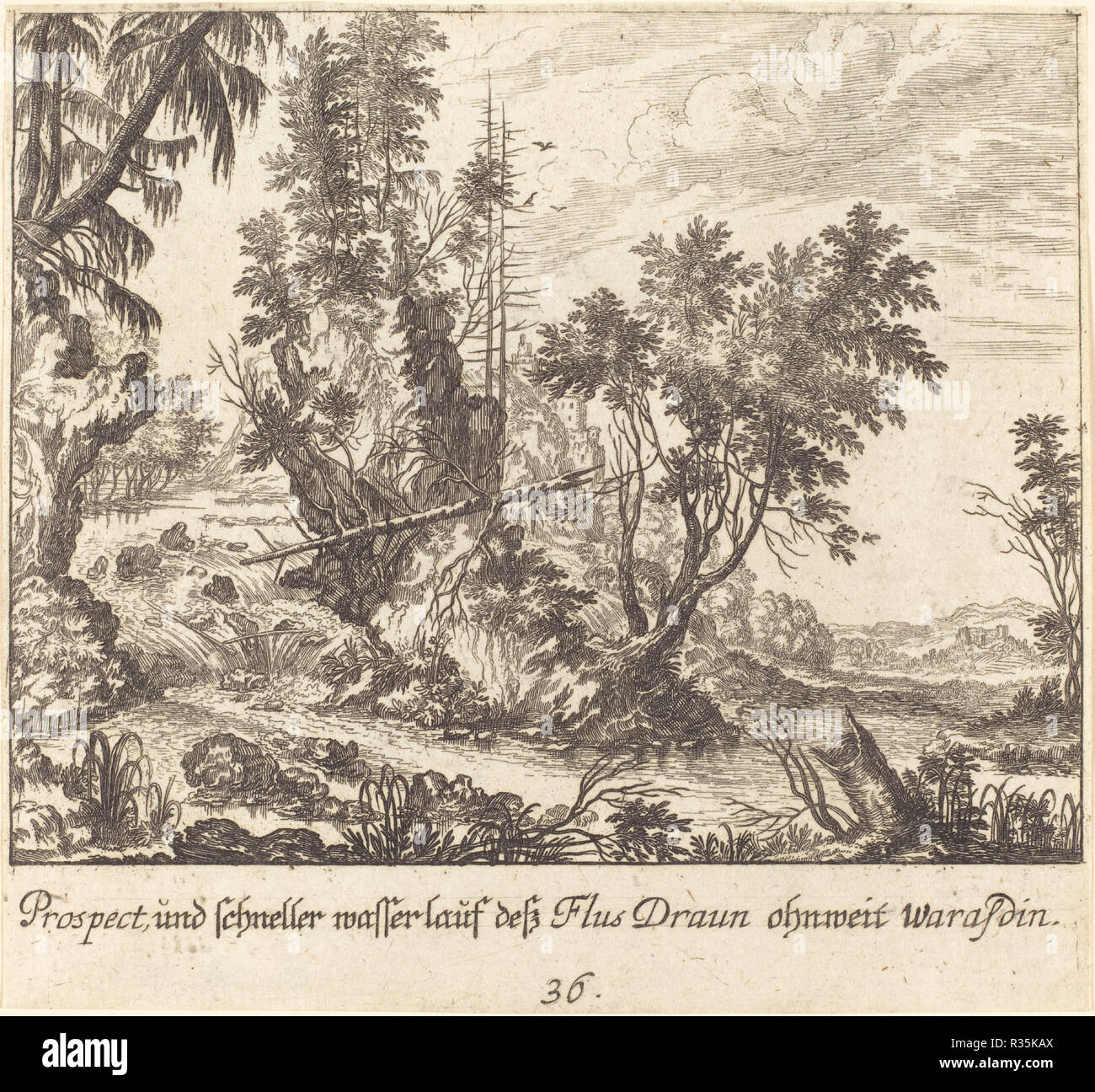 Draun River. En date du : 1681. Technique : gravure. Musée : National Gallery of Art, Washington DC. Auteur : Melchior Küsel D'après Johann Wilhelm Baur. Banque D'Images