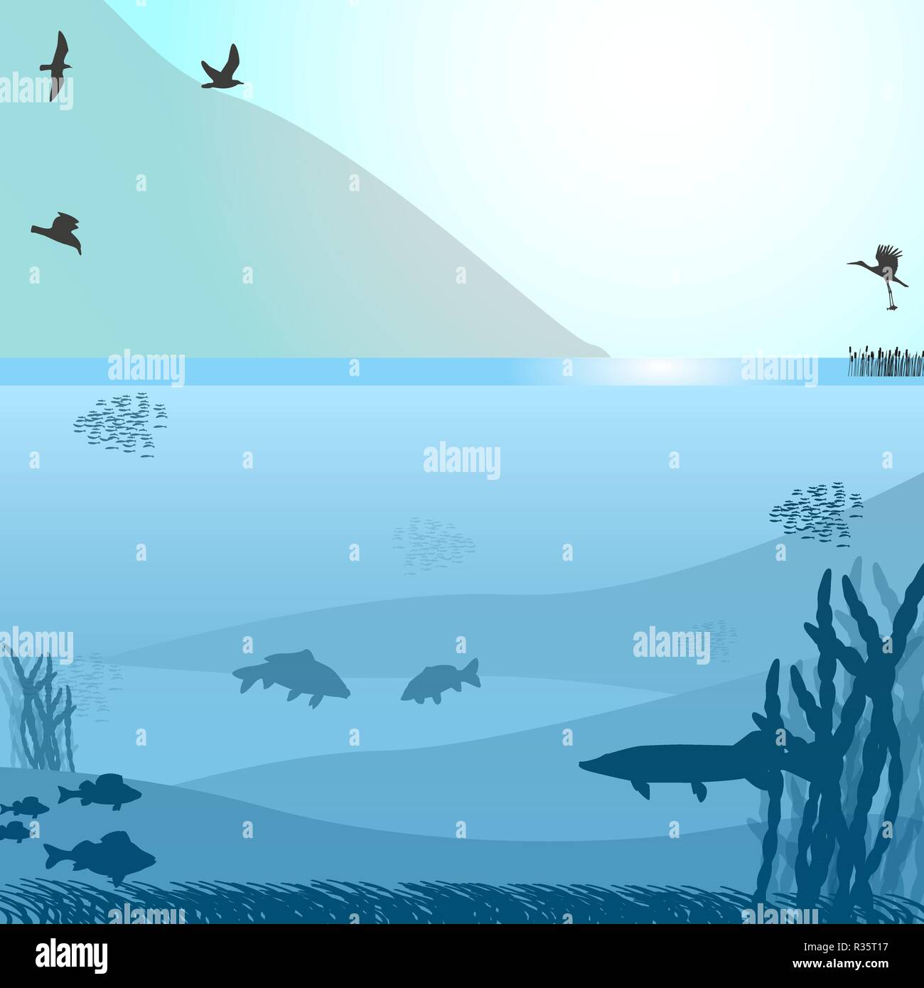 Lac avec les poissons et les oiseaux à proximité de la montagne Illustration de Vecteur