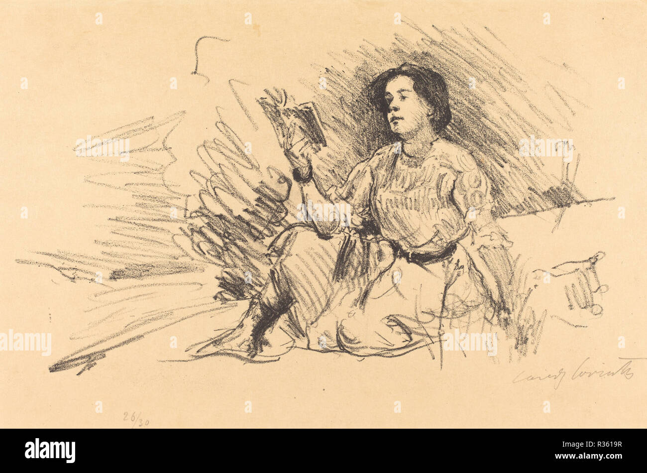 Lesendes Mädchen Girl (Lecture). En date du : 1911. Dimensions : 24,8 x 37,1 plaque : cm (9 3/4 x 14 5/8 in.) feuille : 26,8 x 40 cm (10 9/16 x 15 3/4 in.). Technique : lithographie en noir sur papier Japon. Musée : National Gallery of Art, Washington DC. Auteur : Lovis Corinth. Banque D'Images