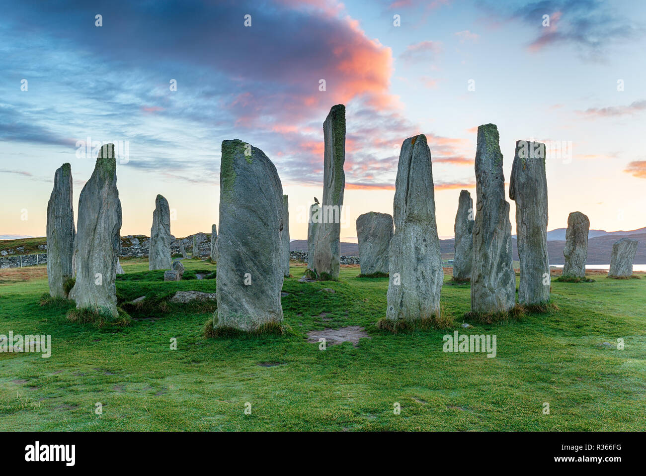 Coucher de soleil sur le cercle de pierres de Callanish sur l'île de Lewis dans les îles occidentales de l'Écosse Banque D'Images