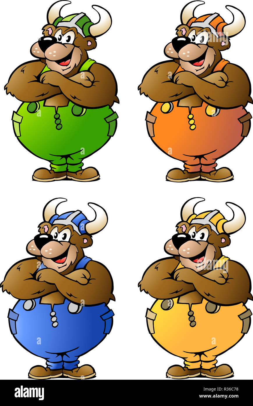 Vector illustrations dessinées à la main de 4 ours en salopette de couleur Viking Banque D'Images