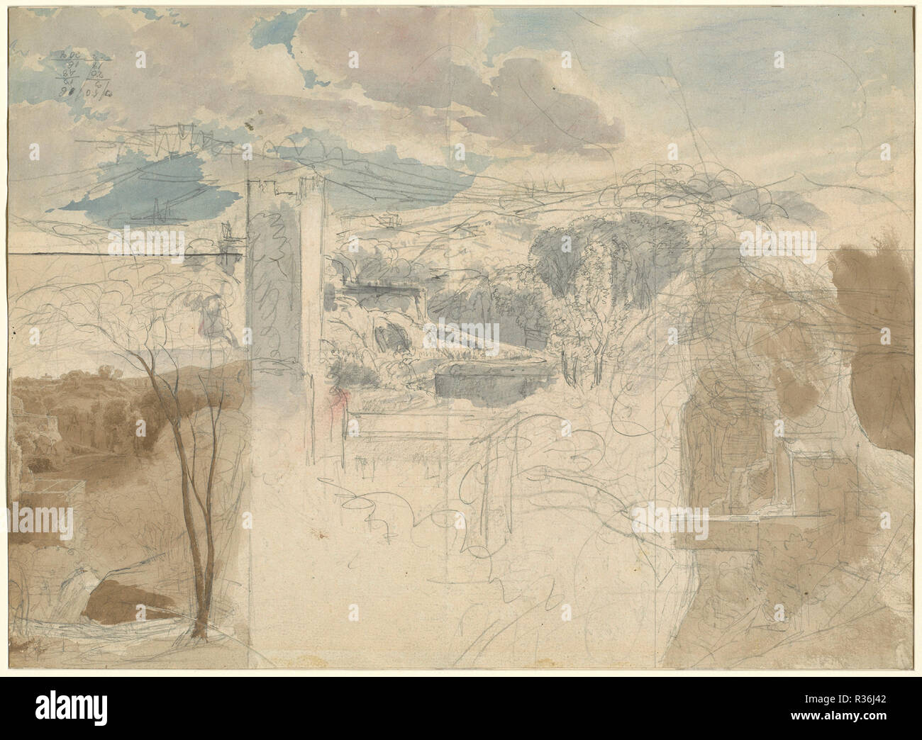 Ruines d'une tour fortifiée entre les collines boisées [recto]. En date du : 1816/1821. Dimensions : hors tout : 30,1 x 41,4 cm (11 7/8 x 16 5/16 in.). Médium : lavis et Aquarelle sur mine de plomb sur papier vélin. Musée : National Gallery of Art, Washington DC. Auteur : Friedrich Salathé. Banque D'Images