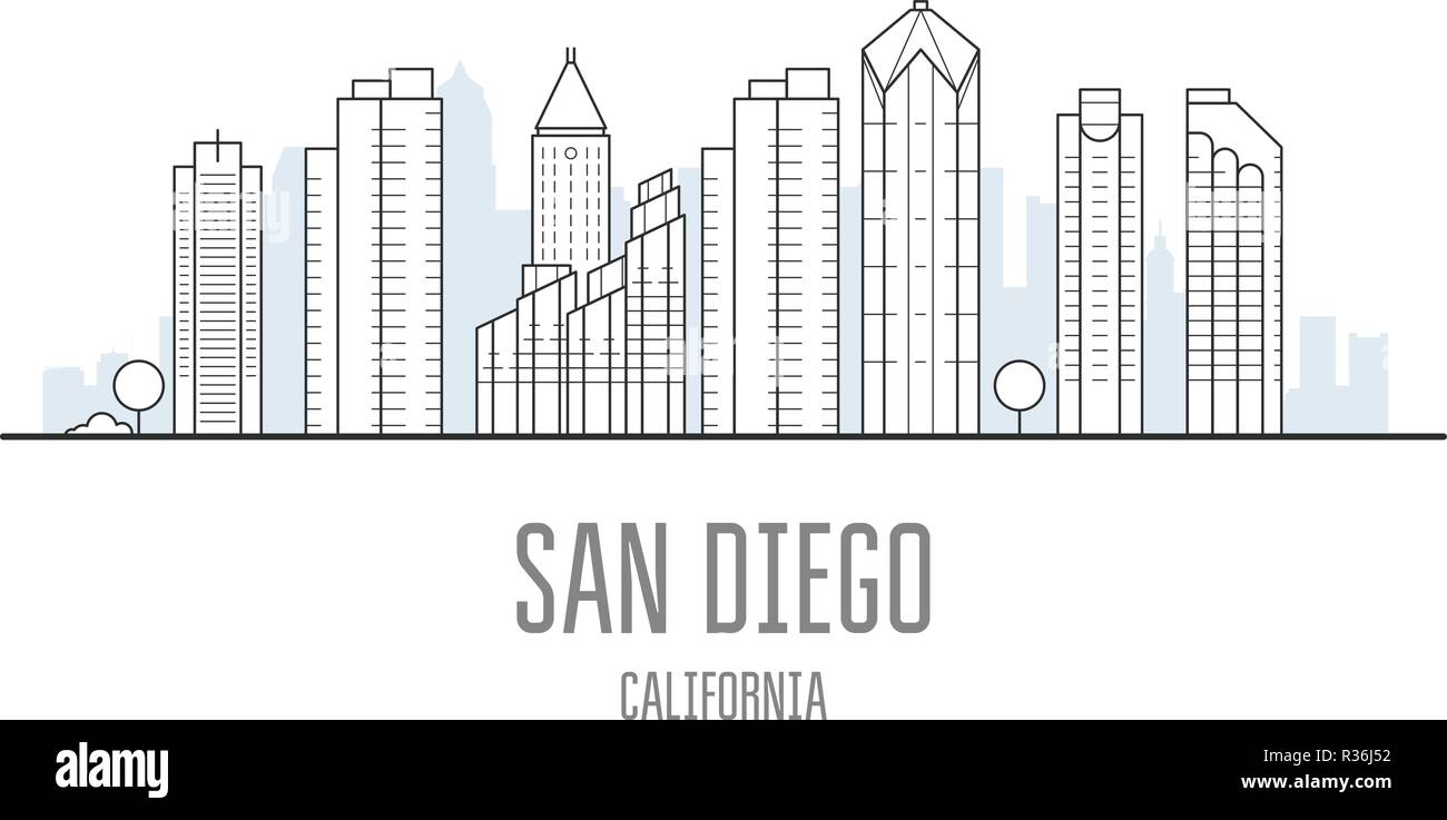 San Diego city skyline - gratte-ciel et monuments de San Diego, paysage urbain Illustration de Vecteur