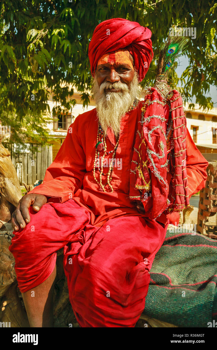 Le Rajasthan en Inde L HOMME DANS LES VETEMENTS ROUGES ASSIS SUR UN TRONC D ARBRE A JAIPUR Photo Stock Alamy