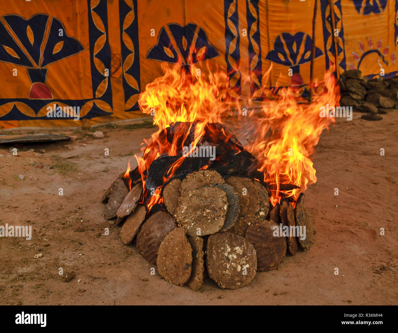 RAJASTHAN INDE OUVRIR LE FEU DES PLAQUES séchées au soleil de la bouse de vache Banque D'Images