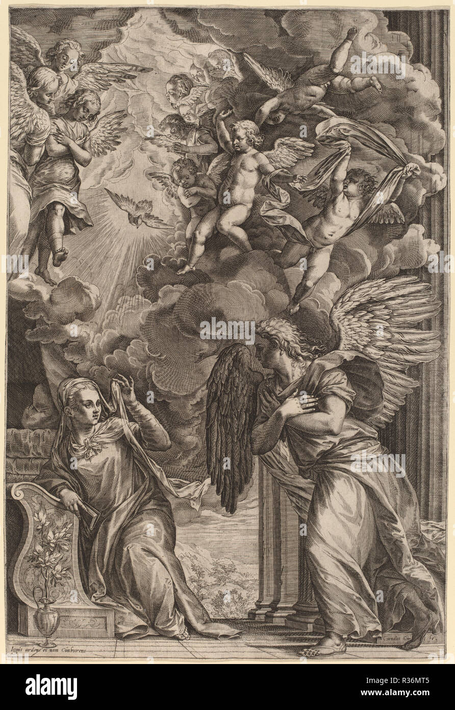 L'Annonciation. En date du : probablement c. 1566. Technique : gravure. Musée : National Gallery of Art, Washington DC. Auteur : Cornelis Cort après Titien. Banque D'Images