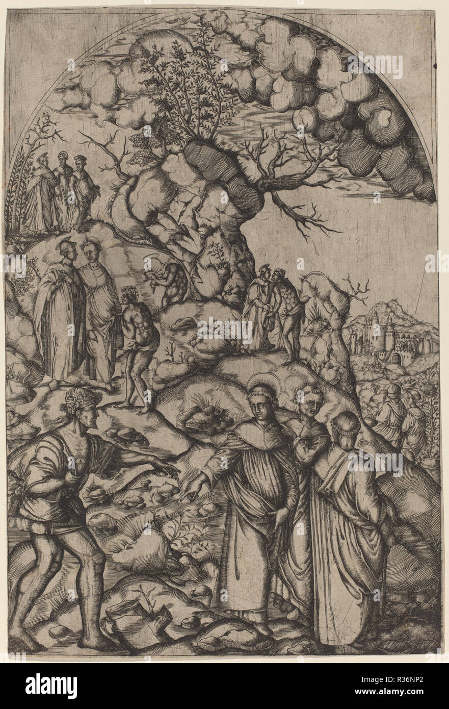 Saint Filippo Benizzi la guérison d'un mendiant. En date du : ch. 1510/1520. Fiche technique : Dimensions : 33,1 x 22,5 cm (13 1/16 x 8 7/8 in.). Technique : gravure. Musée : National Gallery of Art, Washington DC. Auteur : après Andrea del Sarto. Banque D'Images