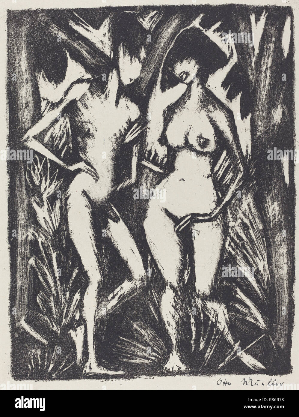Adam et Eve (Adam und Eva). En date du : 1920/1923. Technique : lithographie. Musée : National Gallery of Art, Washington DC. Auteur : Otto Müller. Banque D'Images
