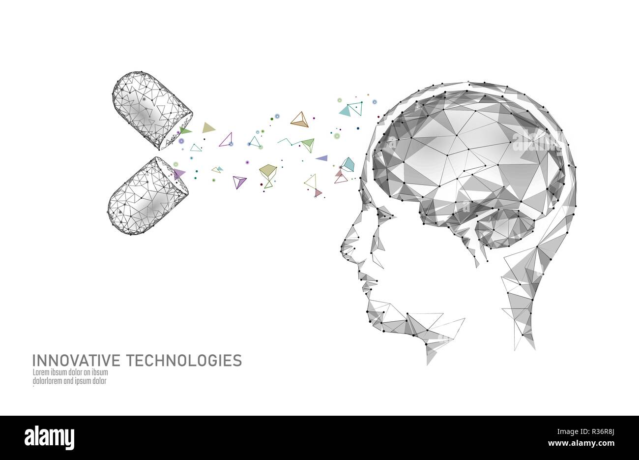 Traitement du cerveau low poly 3D render. Nootropique médicaments stimulant la capacité humaine smart de la santé mentale. La réadaptation cognitive de la médecine sur la maladie d'Alzheimer et démence vector illustration Illustration de Vecteur