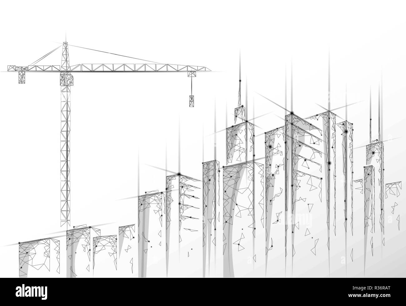 Low poly bâtiment en construction grue. La technologie moderne des affaires industrielles. Abstract 3D géométriques polygonales silhouette urbaine paysage urbain. Haute tour gratte-ciel gris blanc vector illustration Illustration de Vecteur