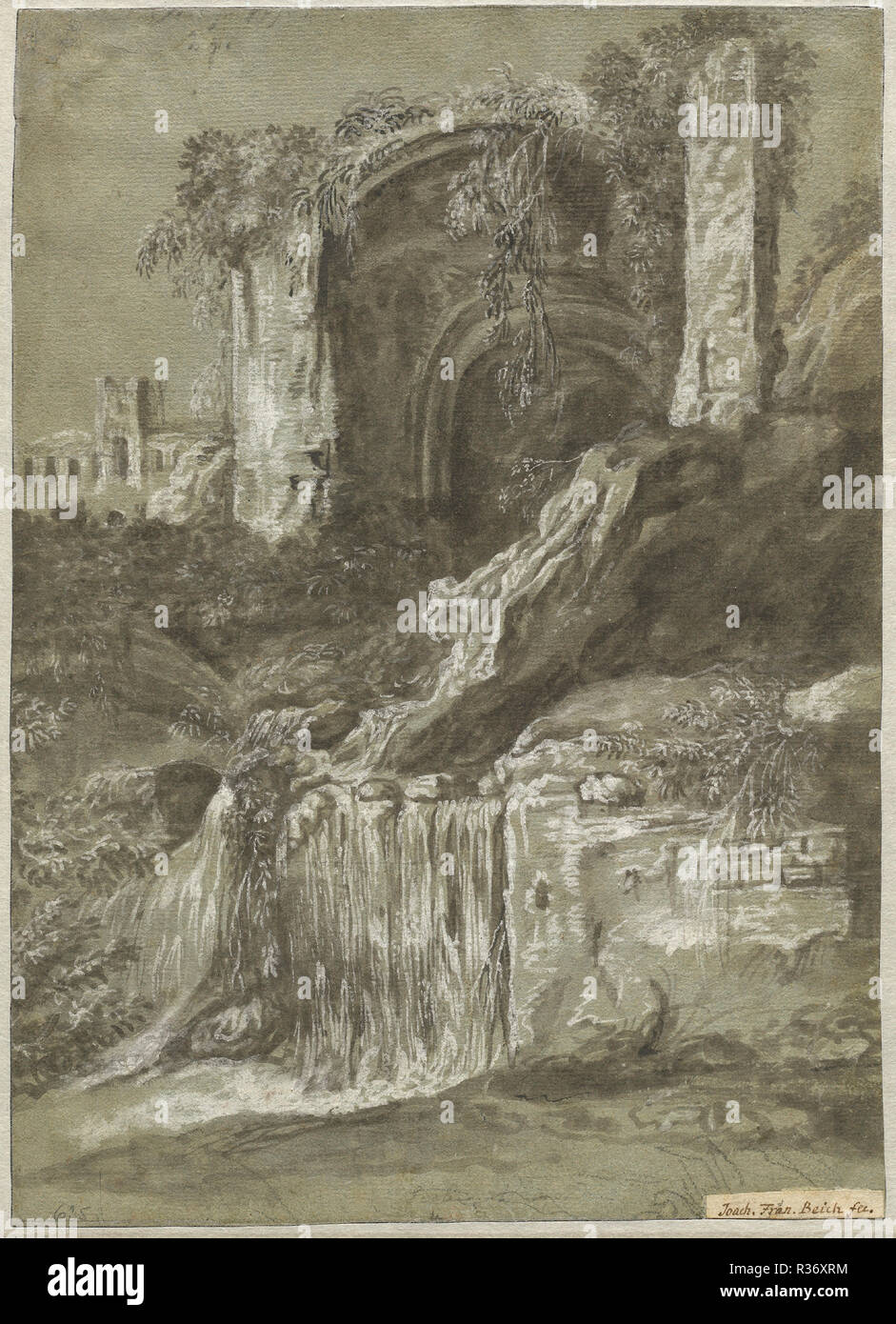 Une cascade de ruines (verso). En date du : 1704/1714. Médium : lavage gris rehaussée de gouache blanche sur papier bleu. Musée : National Gallery of Art, Washington DC. Auteur : Joachim Franz Beich. Banque D'Images