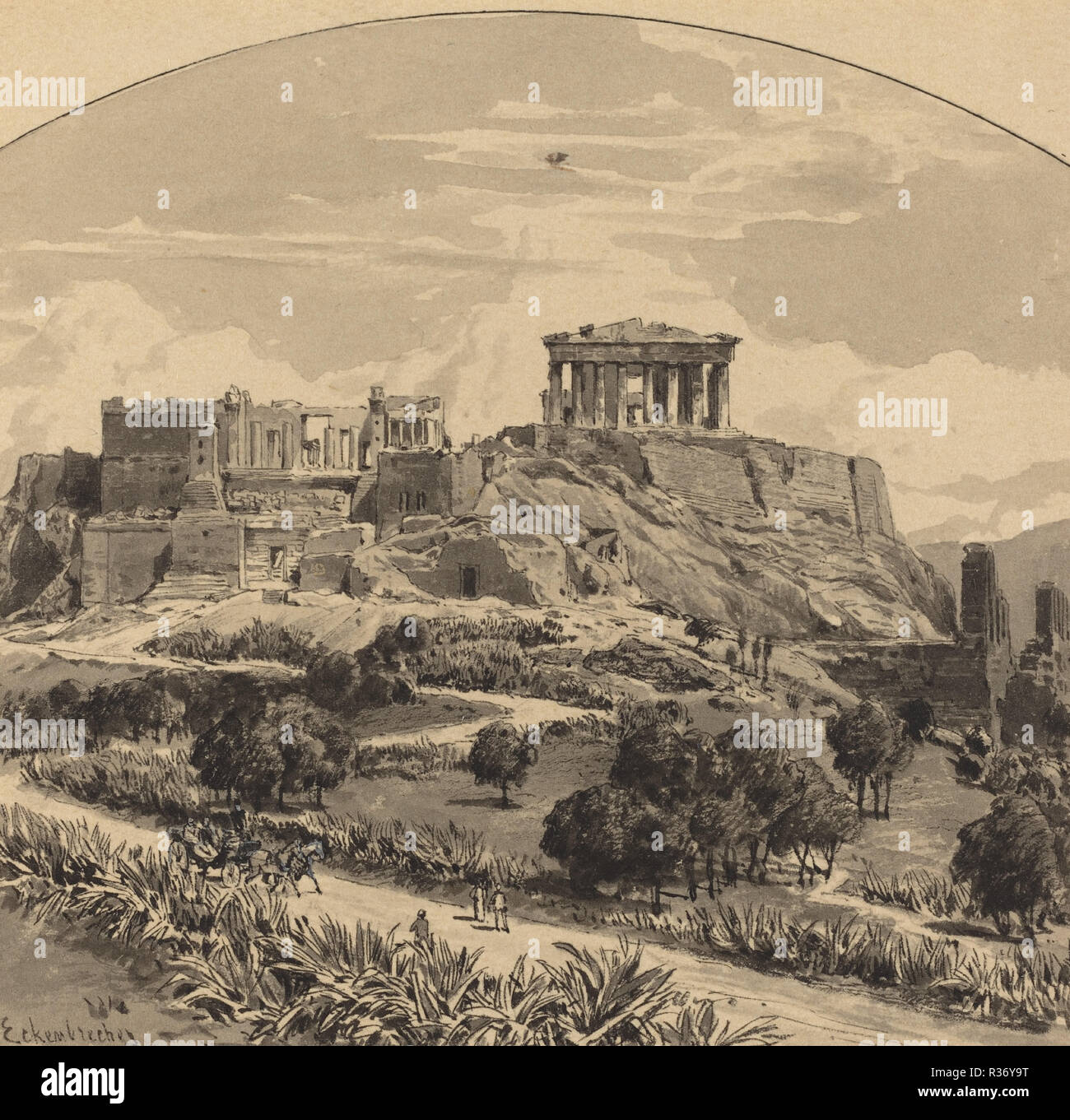 L'acropole de l'Ouest. En date du : 1890. Dimensions : image (lunette) : 14,5 x 15,5 cm (5 11/16 x 6 1/8 in.) : feuille 15 x 15,9 cm (5 7/8 x 6 1/4 in.) support : 48,8 x 33,7 cm (19 3/16 x 13 1/4 in.). Technique : crayon et l'encre noire et aquarelle sur craie noire et des traces de graphite. Musée : National Gallery of Art, Washington DC. Auteur : Eckenbrecher von. Banque D'Images