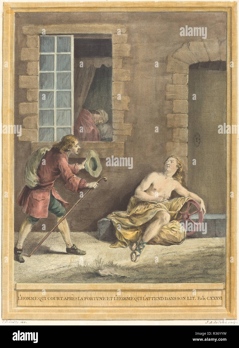 L'homme qui court après la fortune et l'hommequi l'assister dans son lit (l'homme qui la fortune des tribunaux et l'homme qui dort dans le lit). En date du : publié 1756. Technique : gravure colorés à la main. Musée : National Gallery of Art, Washington DC. Auteur : A. -J. de Fehrt après Jean-Baptiste Oudry. Banque D'Images