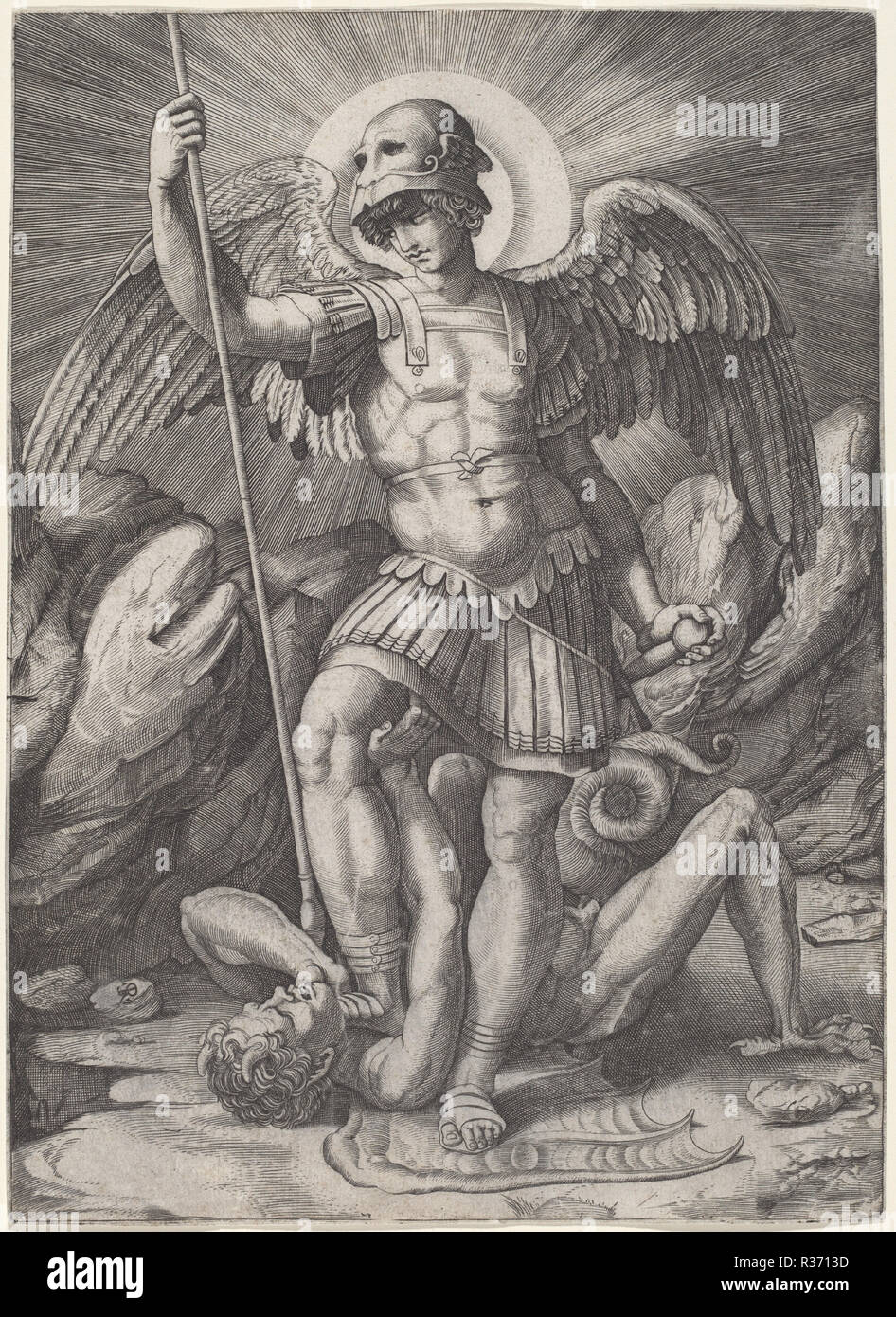 Saint Michael. En date du : ch. 1520. Fiche technique : Dimensions : 25,6 x 18,5 cm (10 1/16 x 7 5/16 in.). Technique : gravure. Musée : National Gallery of Art, Washington DC. Auteur : Marco Dente après Raphaël. Banque D'Images
