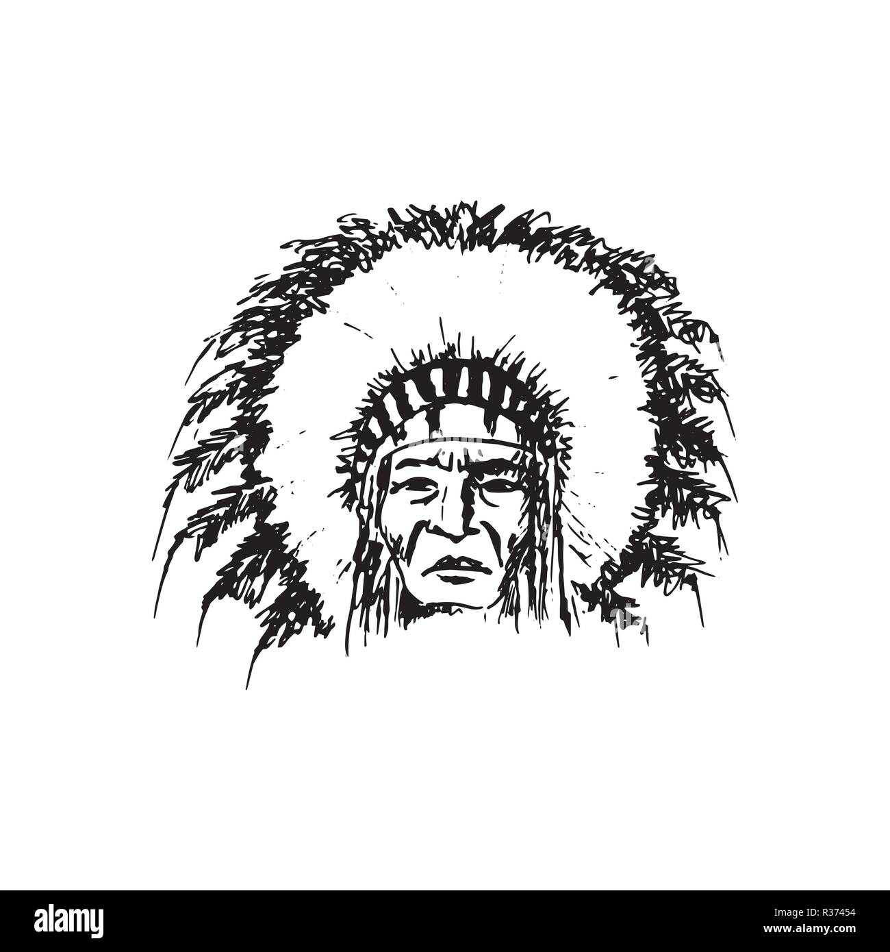 Croquis dessin stylisé chef indien de l'Amérique du Nord l'homme redskin , visage, isolé sur blanc. Black Roach. Coiffure de plumes des indiens d'aigle. stylo à encre. Fo Illustration de Vecteur