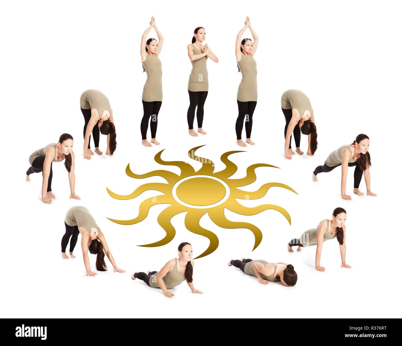 Séquence de soleil salut avec un symbole de soleil,surya namaskar Banque D'Images