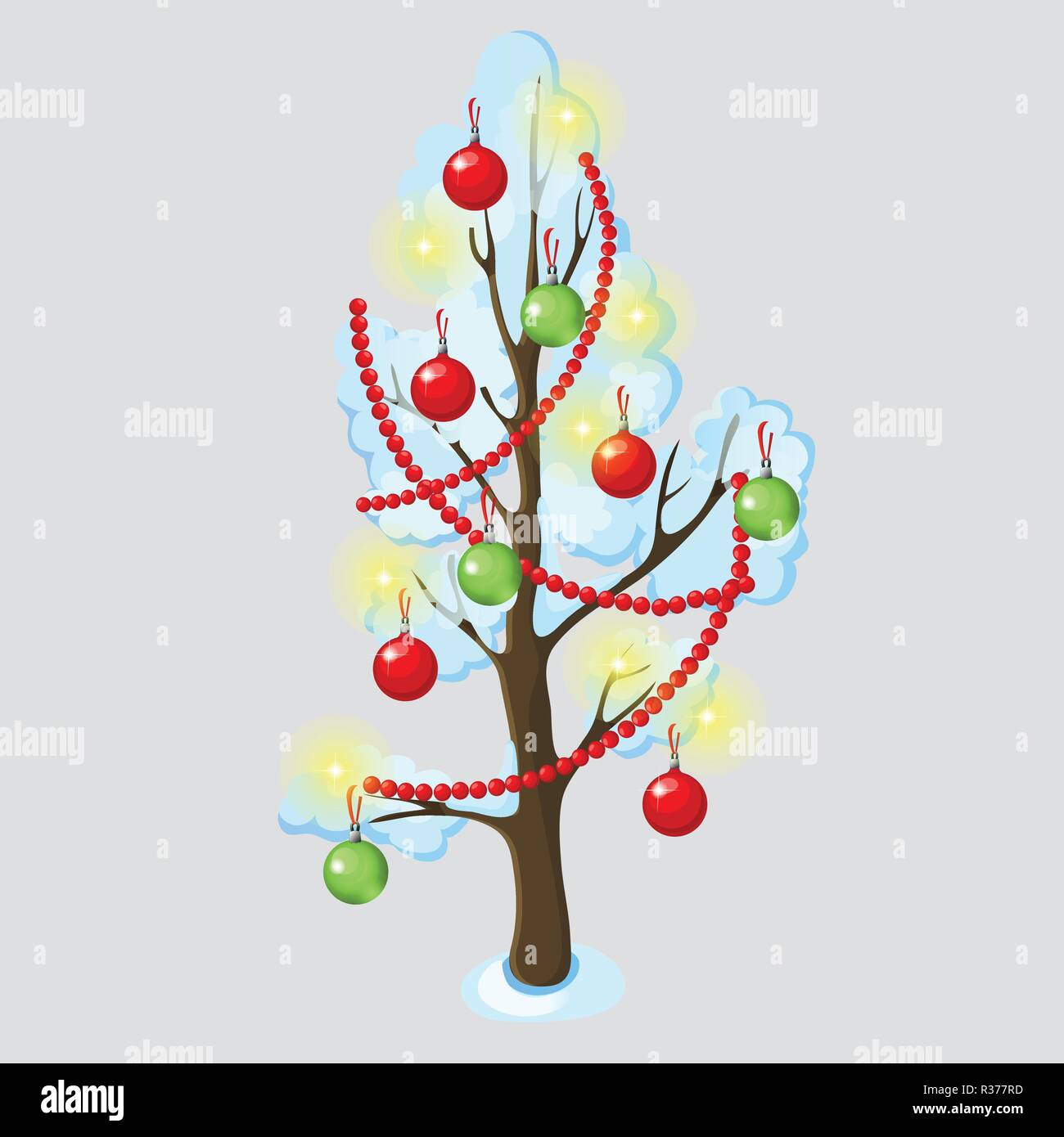 Décorées d'arbres en milieu urbain avec des ornements de Noël, boules de noël en verre et isolé sur fond gris. Cartoon Vector illustration close-up. Illustration de Vecteur