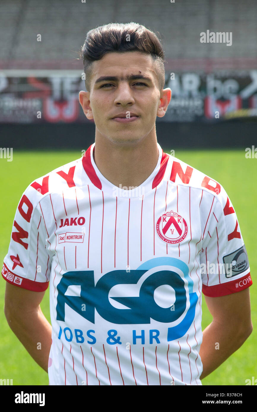 KORTRIJK, BELGIQUE - le 16 juillet : Youcef Atal photographié au cours de la saison 2018 - 2019 séance photo de KV Courtrai le 16 juillet 2018 à Courtrai, Belgique. (Photo par Dominique/Isosport Romaen) Banque D'Images