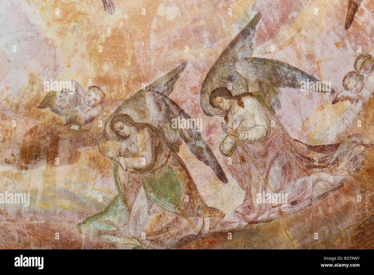 À thème religieux fresques peintes sur les murs de la cathédrale de la Transfiguration à Uglich, oblast de Iaroslavl, dans le Nord de la Russie. Banque D'Images