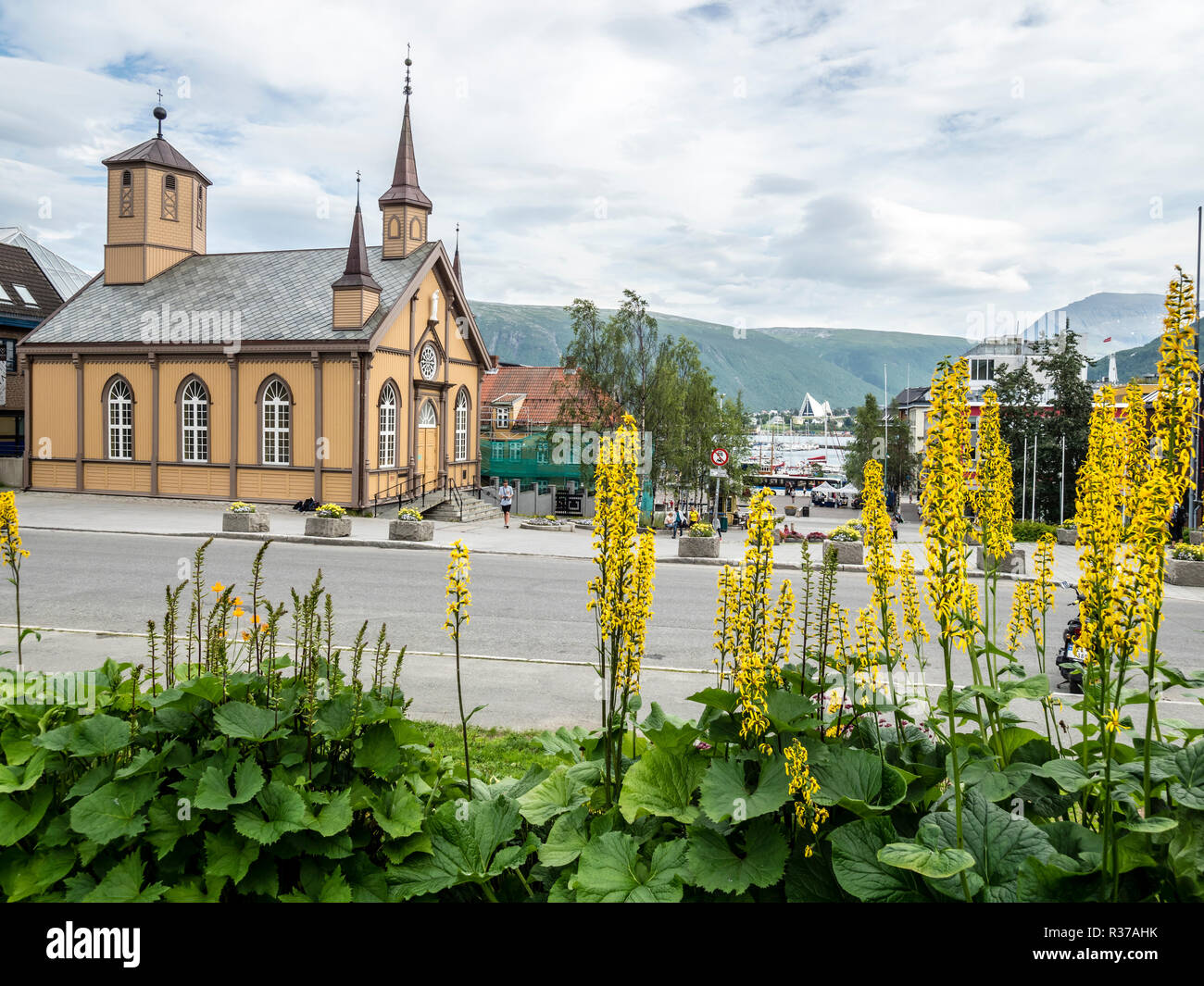 Le centre-ville de Tromsö, petit parc, l'Eglise catholique "Tromsö stift", vue de la cathédrale et du port de l'autre côté de la mer, Tromsö, la Norvège. Banque D'Images